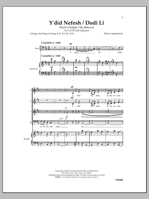 Robert Applebaum Y'did Nefesh/Dodi Li sheet music notes and chords arranged for SATB Choir