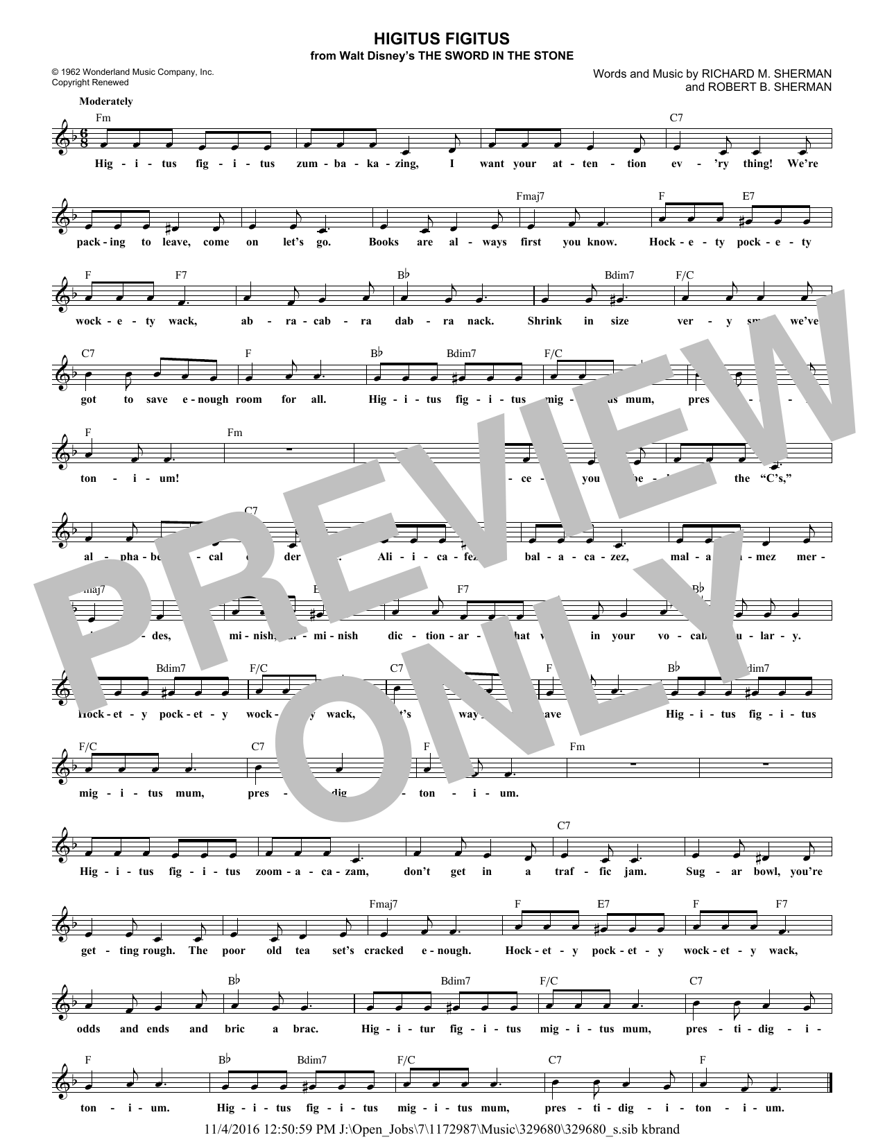 Robert B. Sherman Higitus Figitus sheet music notes and chords arranged for Lead Sheet / Fake Book
