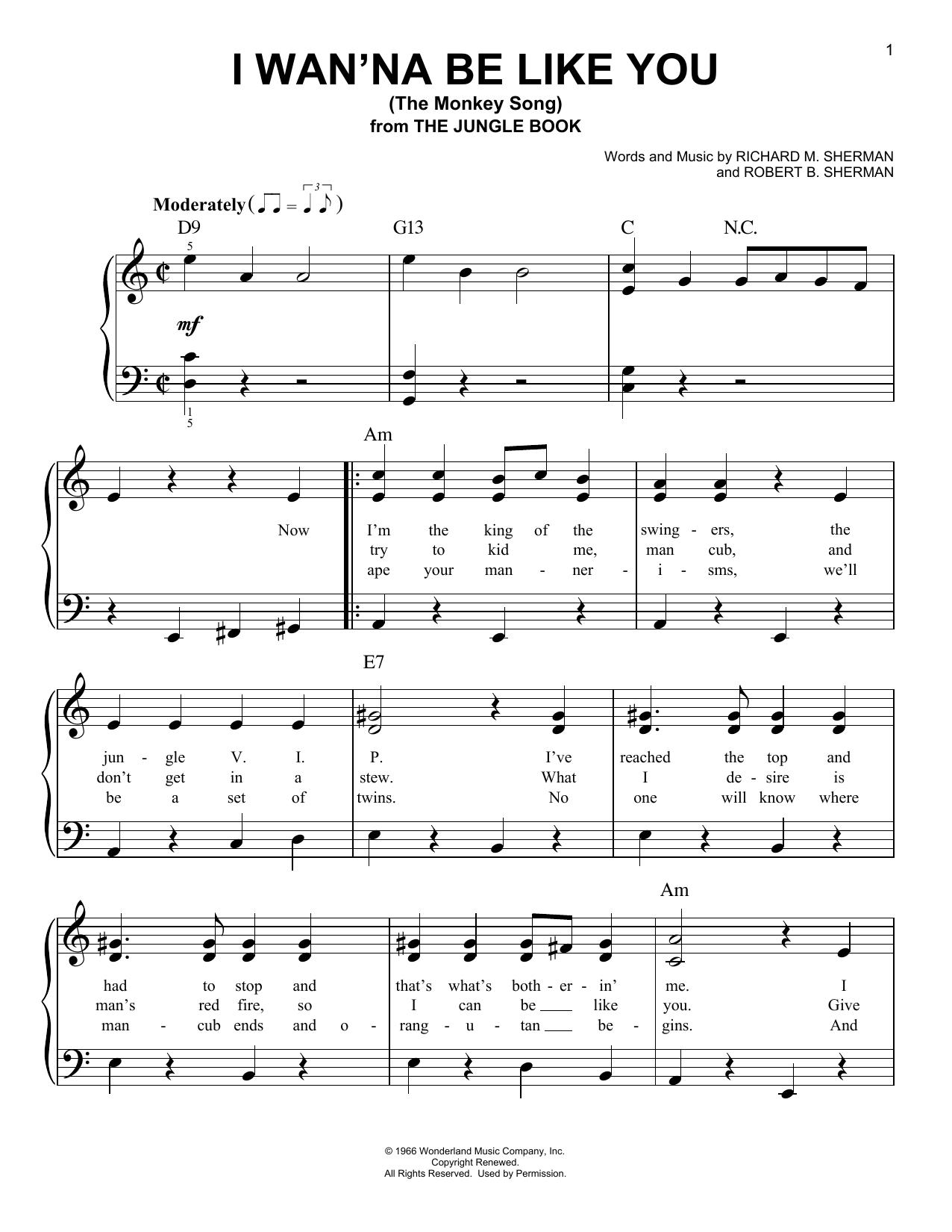 Robert B. Sherman I Wan'na Be Like You (The Monkey Song) (from The Jungle Book) sheet music notes and chords arranged for Easy Piano