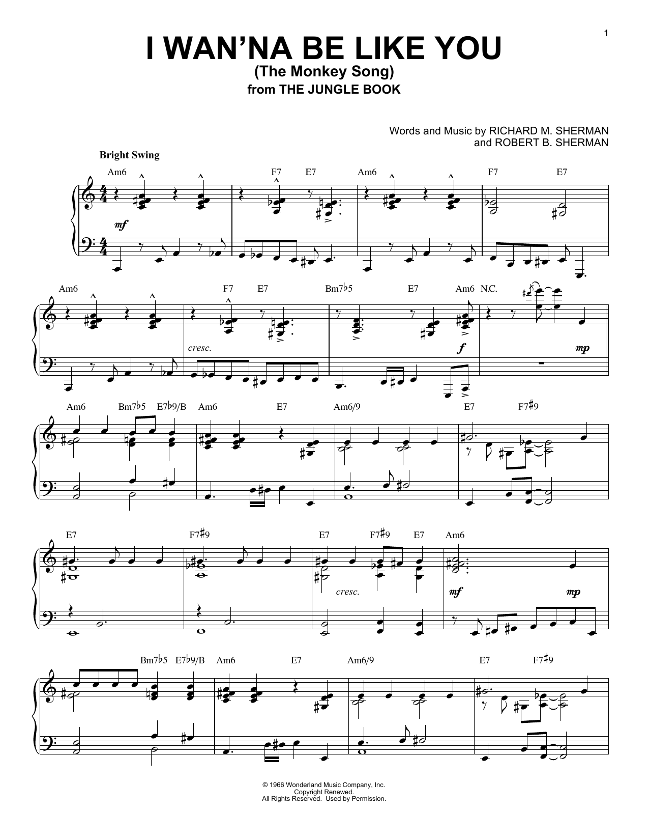 Robert B. Sherman I Wan'na Be Like You (The Monkey Song) [Jazz version] (from The Jungle Book) sheet music notes and chords arranged for Piano Solo