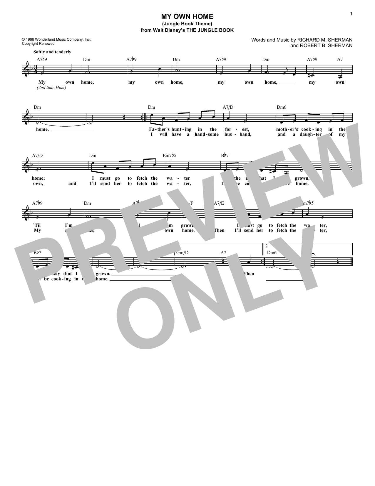 Robert B. Sherman My Own Home (Jungle Book Theme) sheet music notes and chords arranged for Lead Sheet / Fake Book