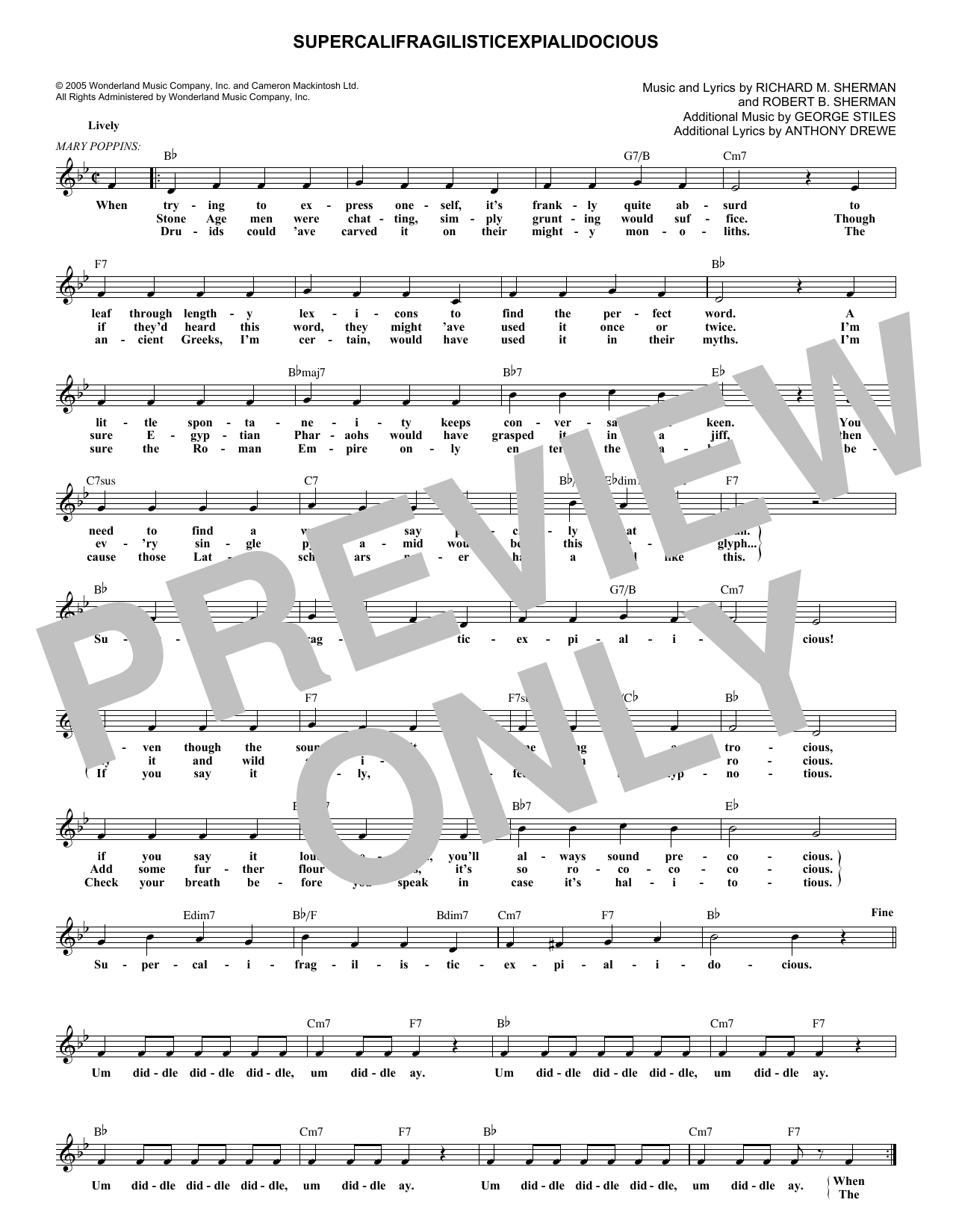 Robert B. Sherman Supercalifragilisticexpialidocious (from Mary Poppins) sheet music notes and chords arranged for Lead Sheet / Fake Book