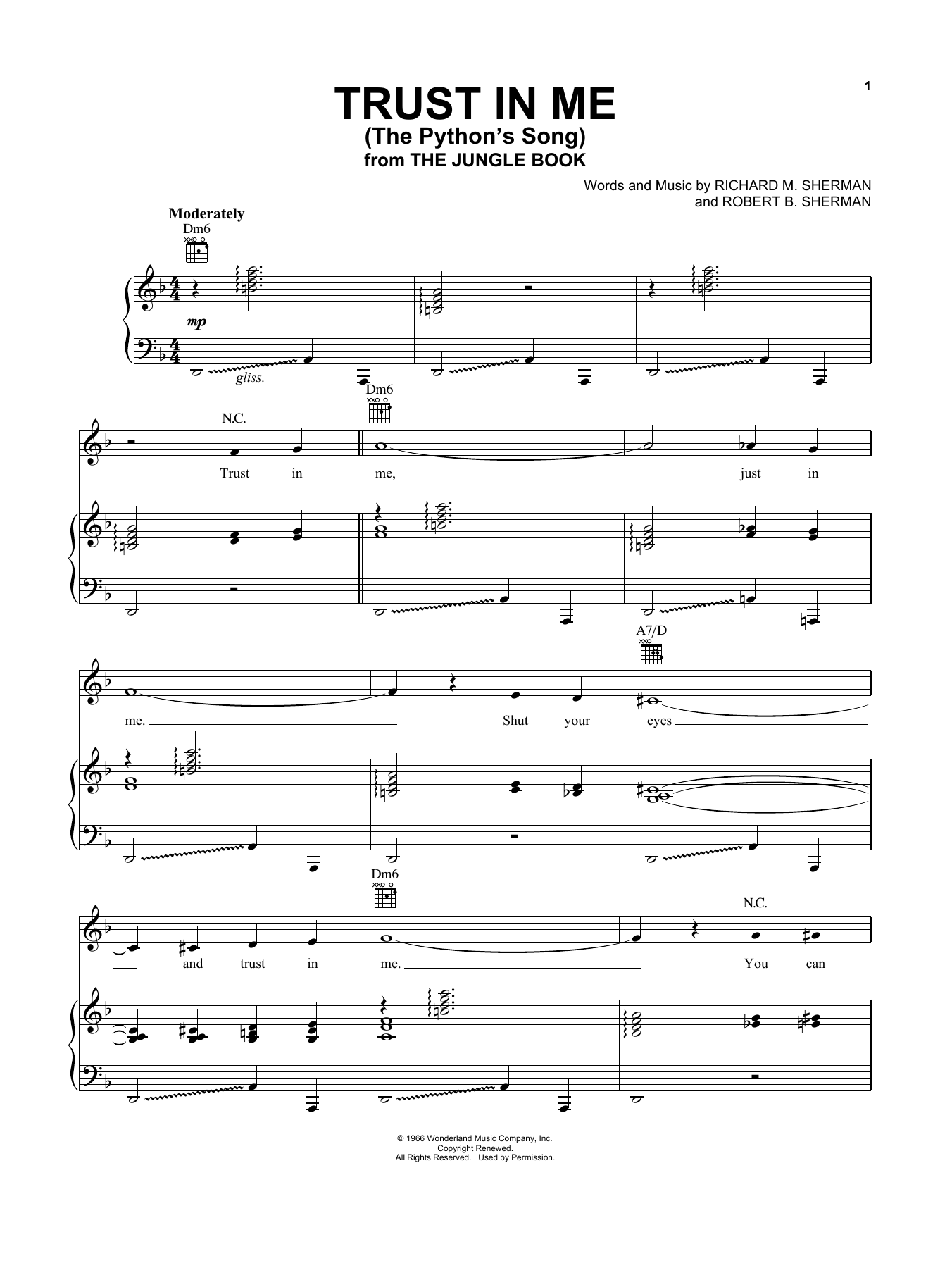 Robert B. Sherman Trust In Me (The Python's Song) (from The Jungle Book) sheet music notes and chords arranged for Piano, Vocal & Guitar Chords (Right-Hand Melody)