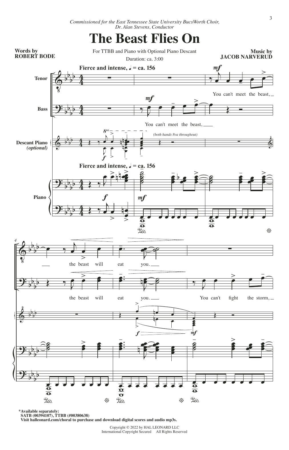 Robert Bode and Jacob Narverud The Beast Flies On sheet music notes and chords arranged for SATB Choir