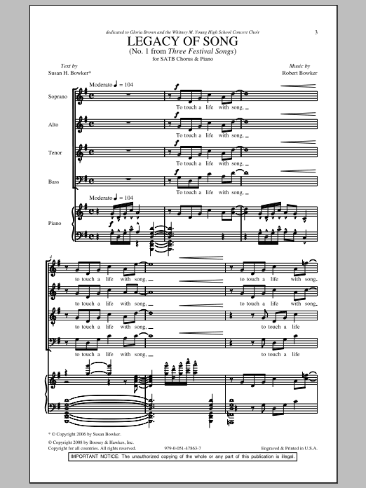 Robert Bowker Legacy Of Song sheet music notes and chords arranged for SATB Choir