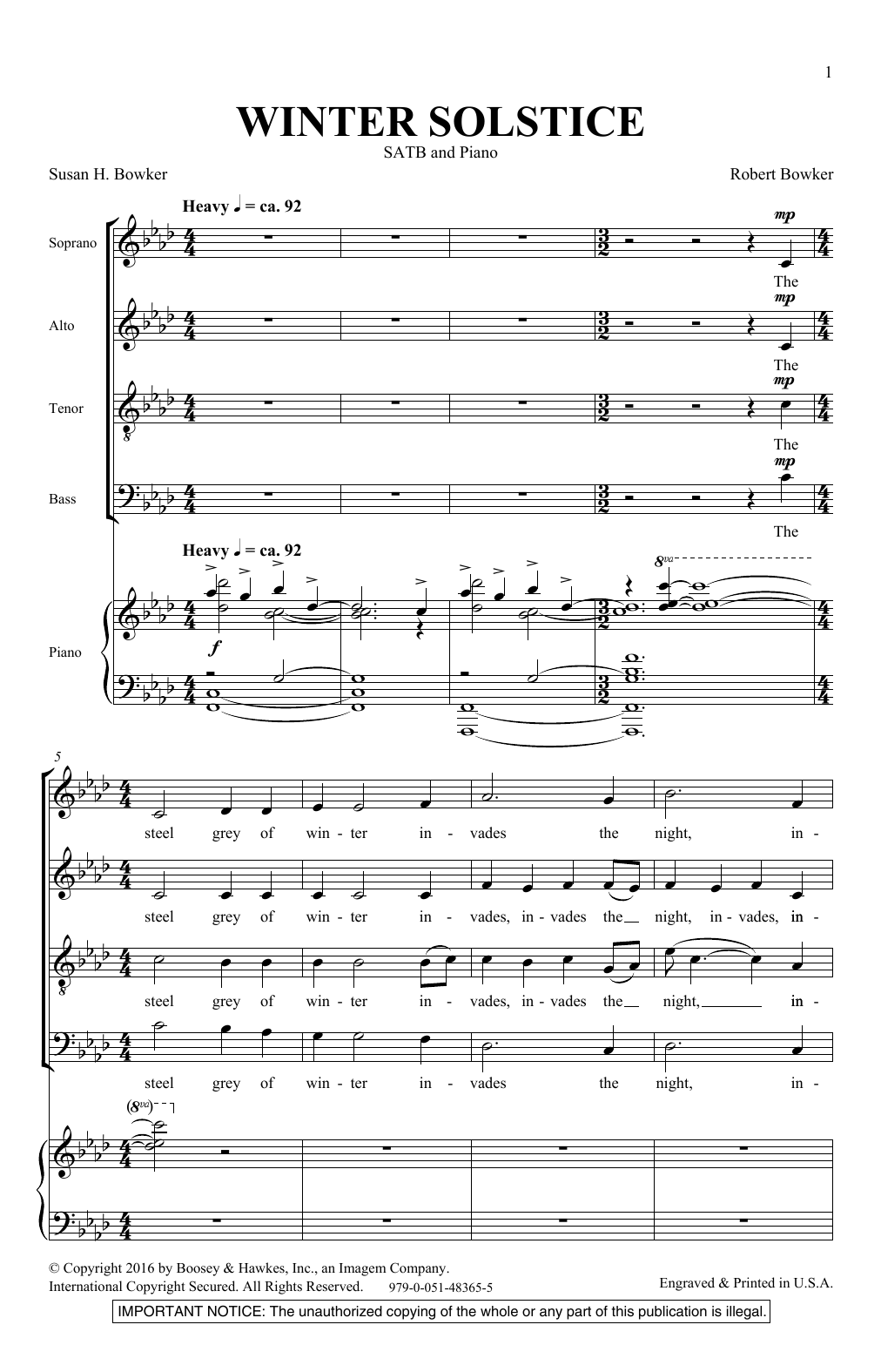 Robert Bowker Winter Solstice sheet music notes and chords arranged for SATB Choir