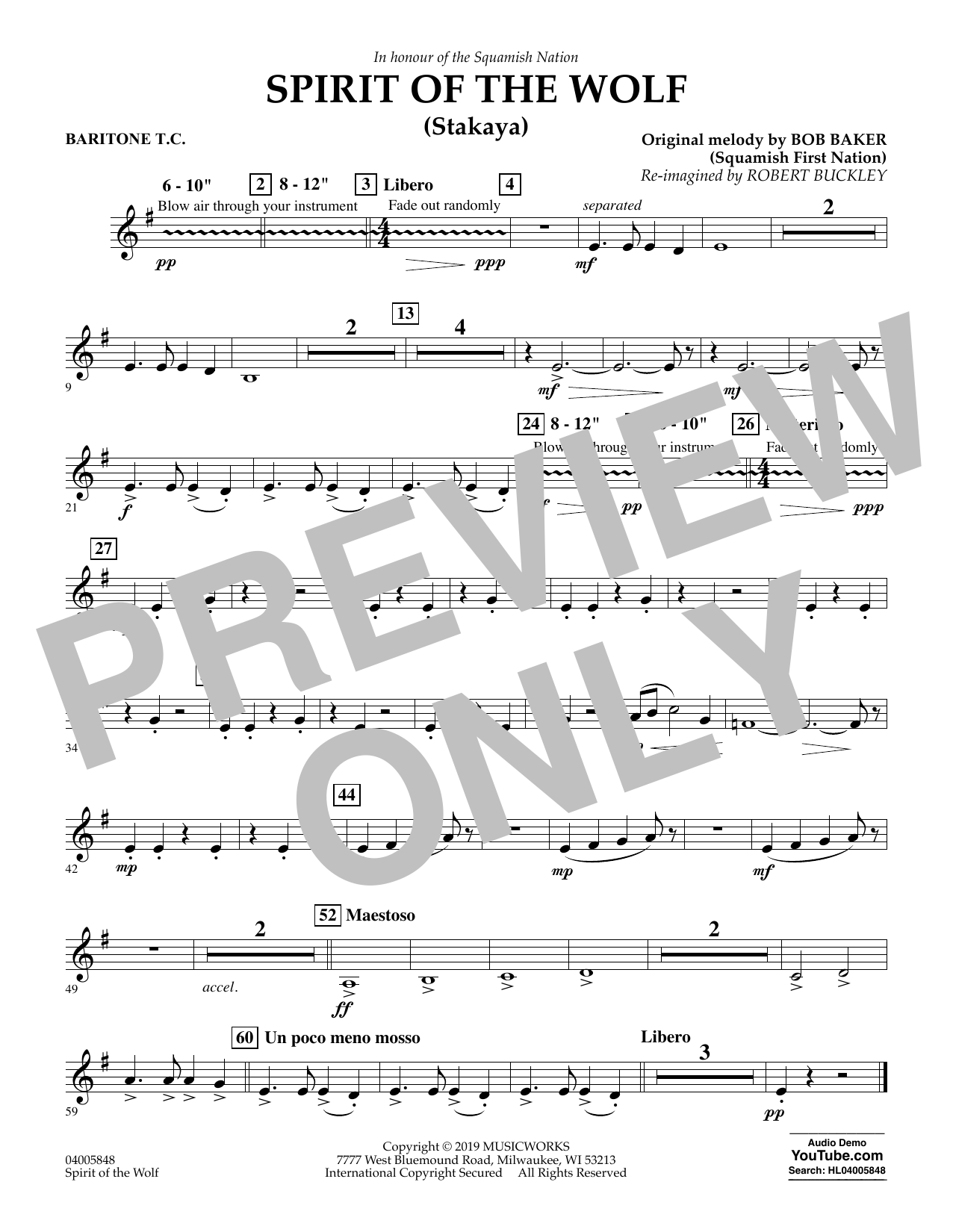 Robert Buckley Spirit of the Wolf (Stakaya) - Baritone T.C. sheet music notes and chords arranged for Concert Band