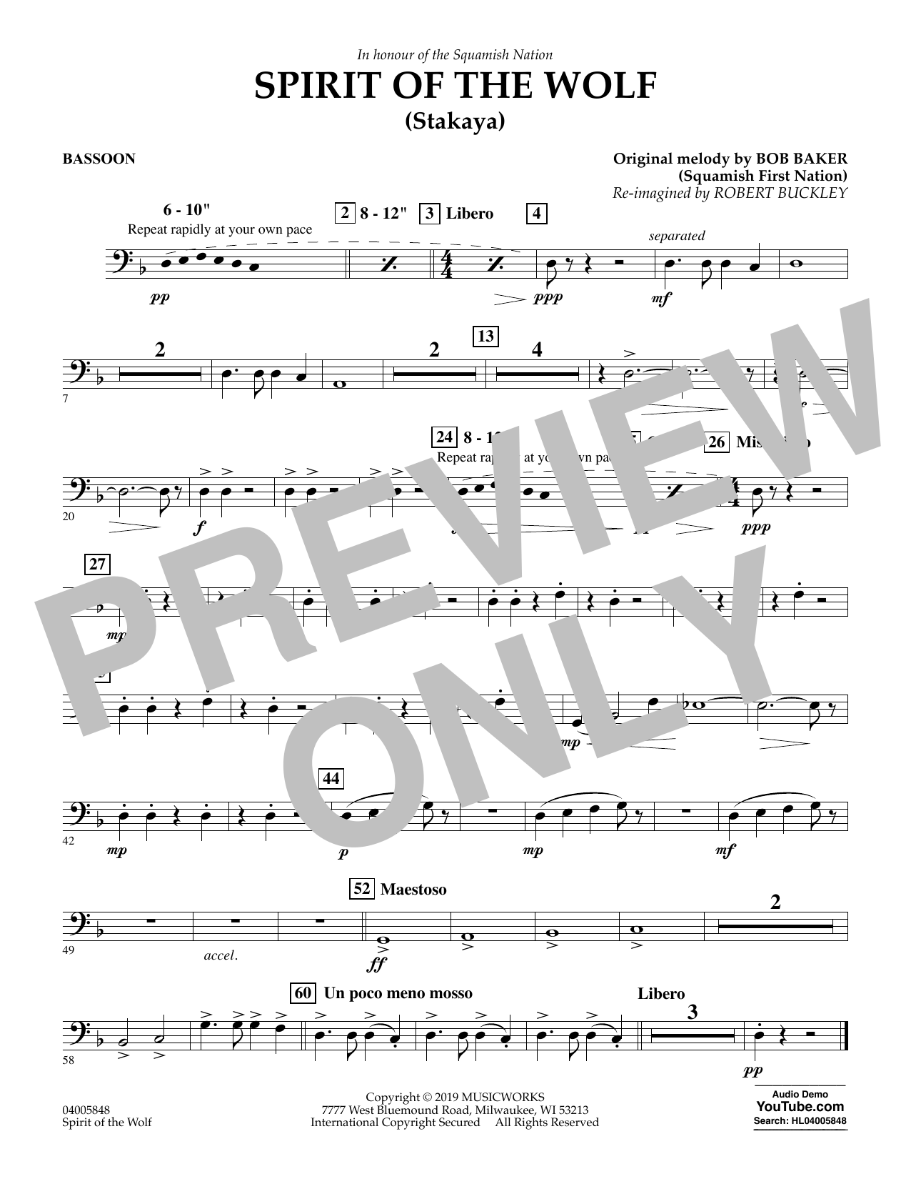 Robert Buckley Spirit of the Wolf (Stakaya) - Bassoon sheet music notes and chords arranged for Concert Band