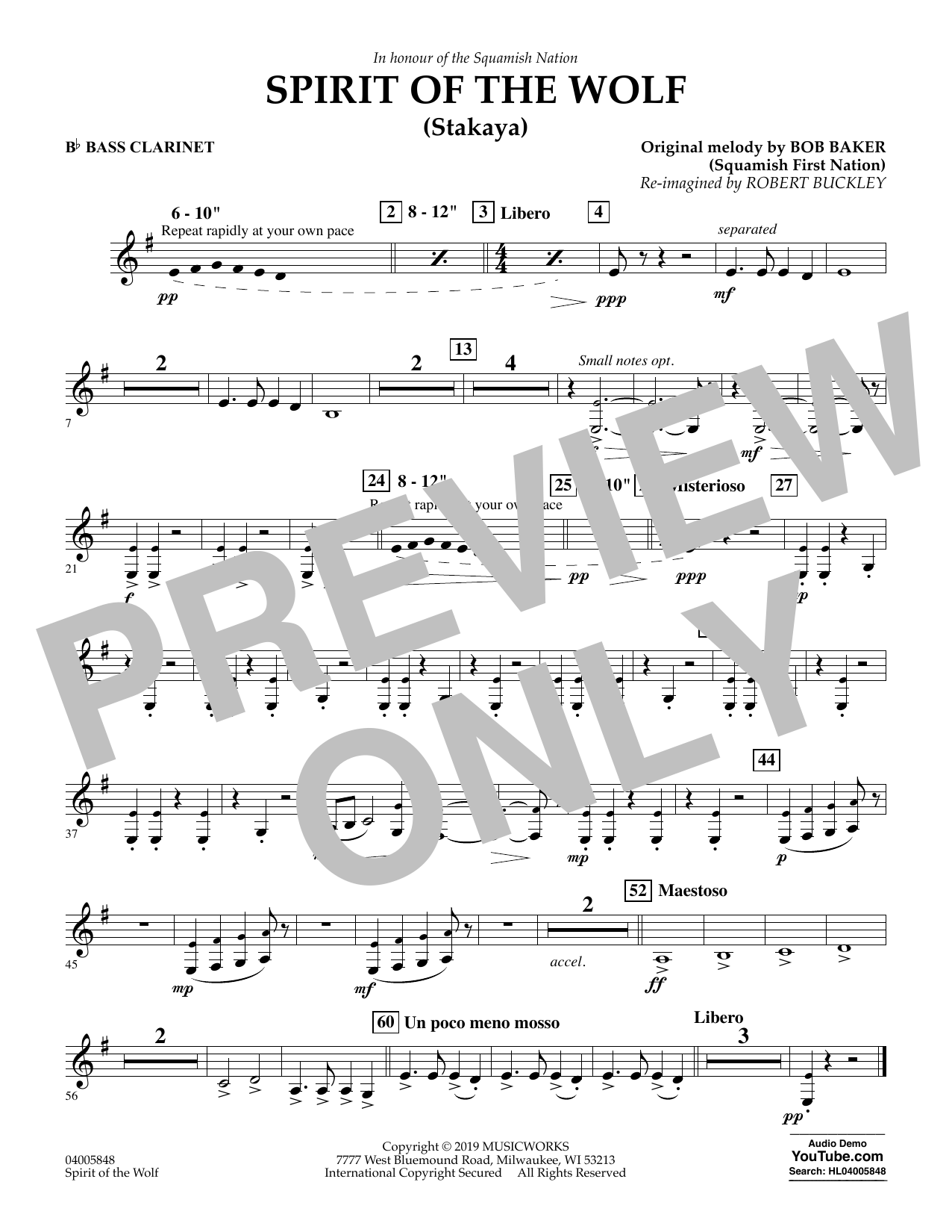 Robert Buckley Spirit of the Wolf (Stakaya) - Bb Bass Clarinet sheet music notes and chords arranged for Concert Band