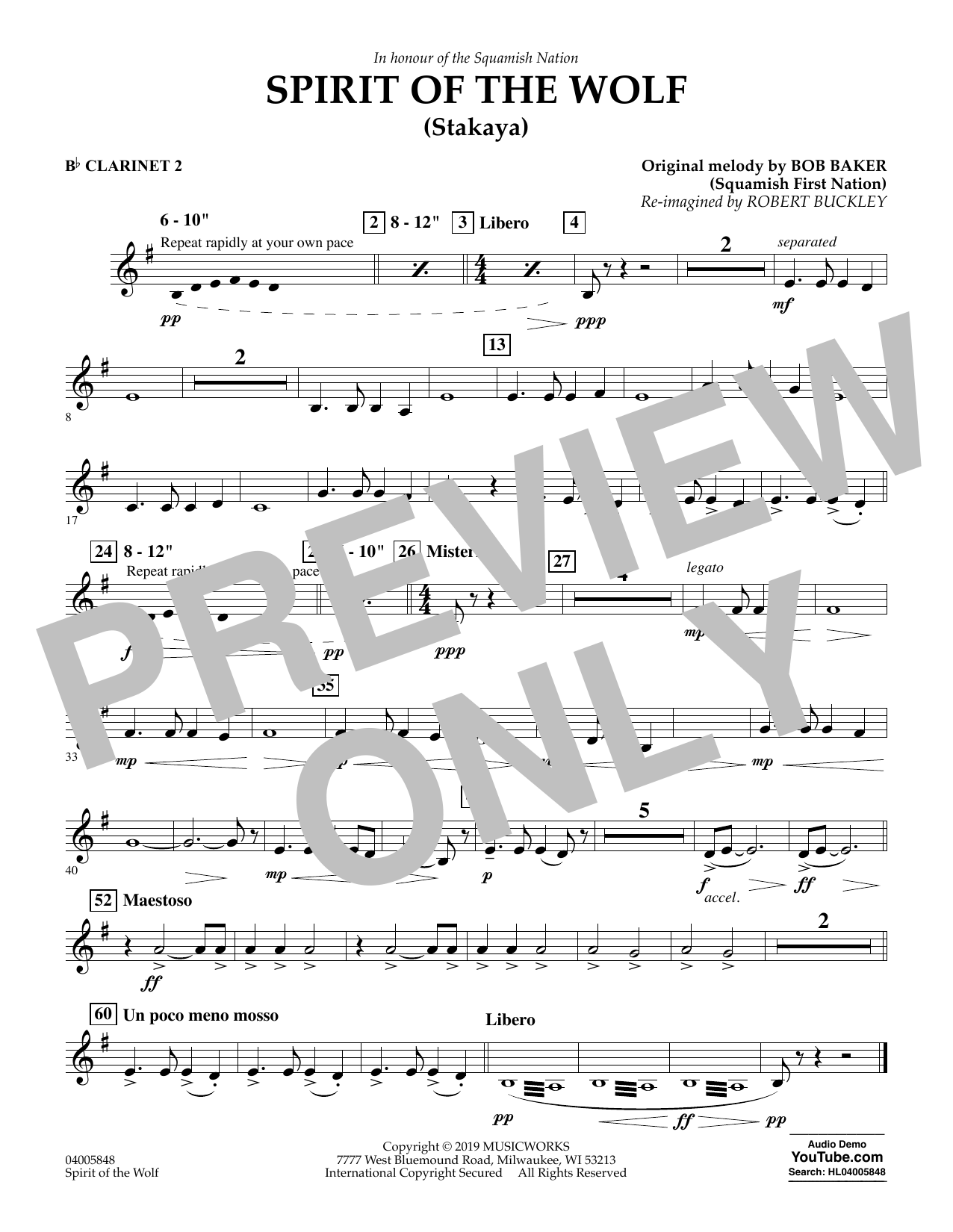 Robert Buckley Spirit of the Wolf (Stakaya) - Bb Clarinet 2 sheet music notes and chords arranged for Concert Band
