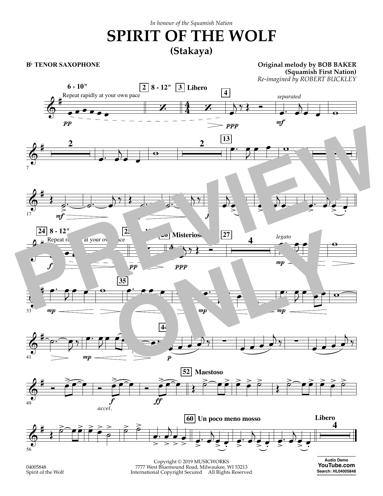 Robert Buckley Spirit of the Wolf (Stakaya) - Bb Tenor Saxophone sheet music notes and chords arranged for Concert Band