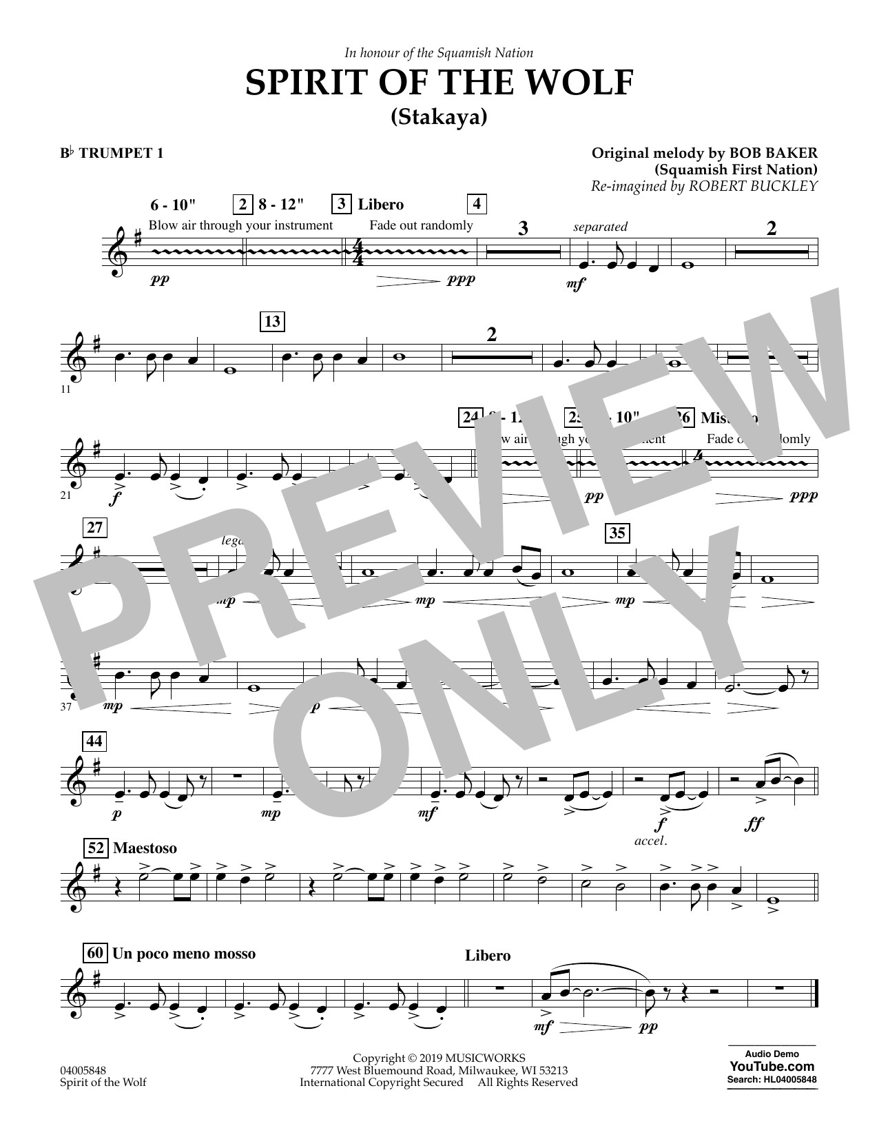 Robert Buckley Spirit of the Wolf (Stakaya) - Bb Trumpet 1 sheet music notes and chords arranged for Concert Band