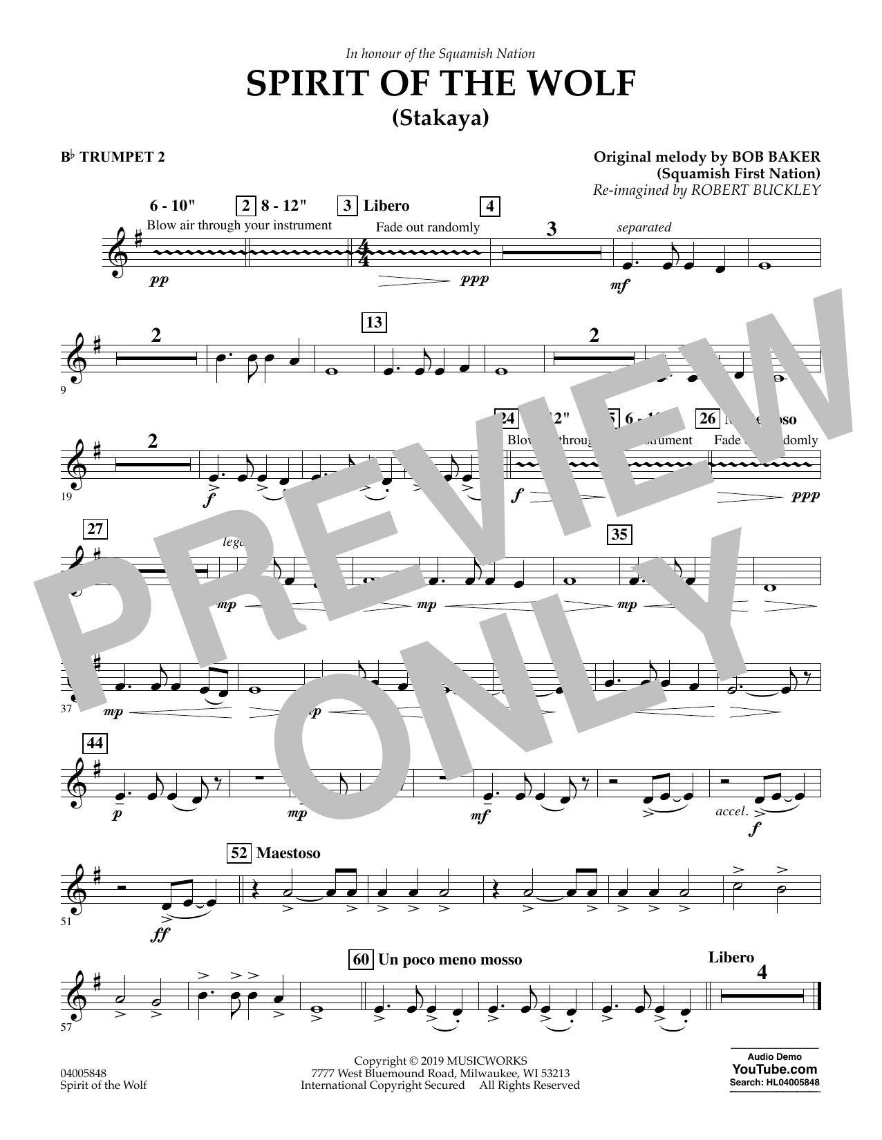Robert Buckley Spirit of the Wolf (Stakaya) - Bb Trumpet 2 sheet music notes and chords arranged for Concert Band
