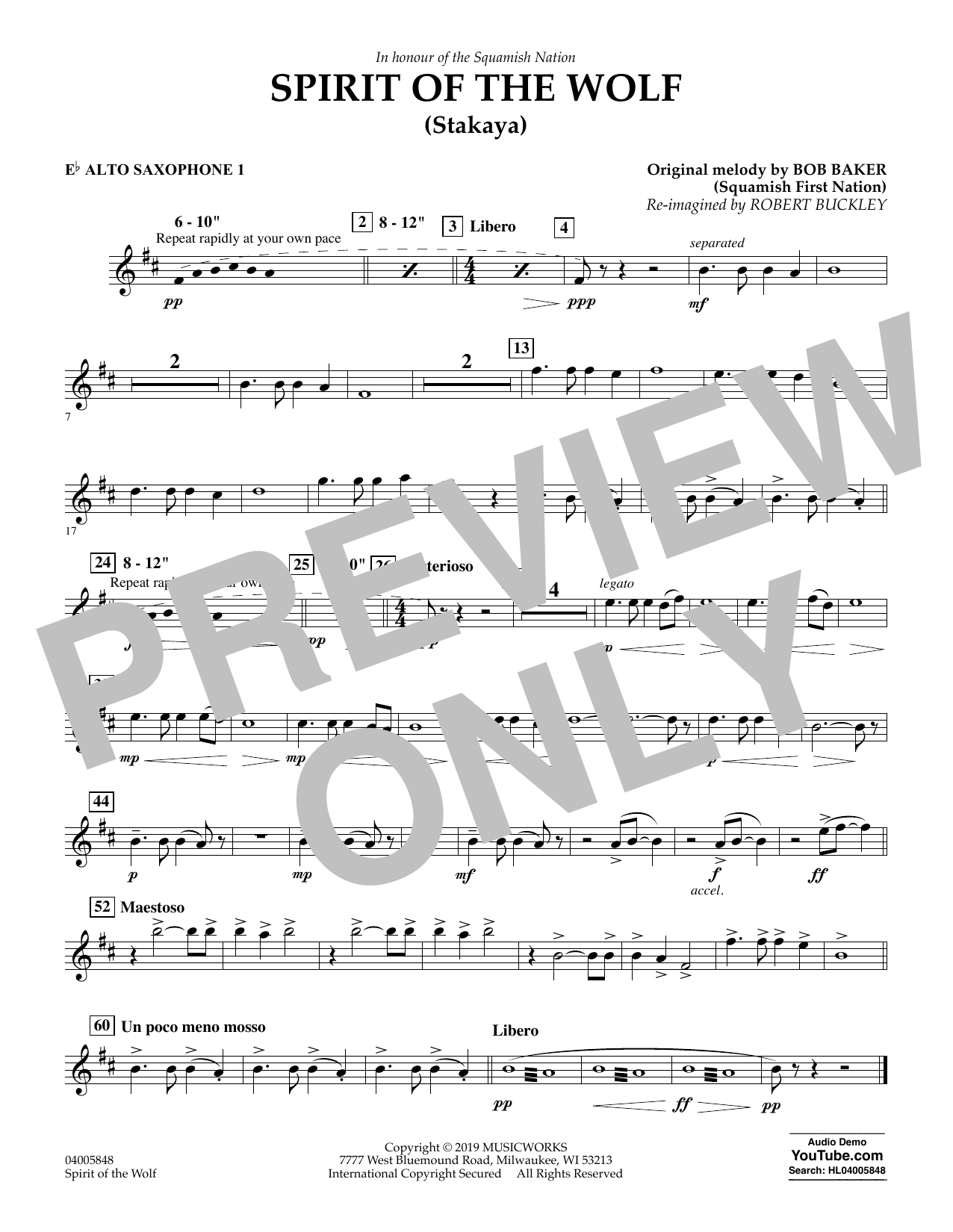 Robert Buckley Spirit of the Wolf (Stakaya) - Eb Alto Saxophone 1 sheet music notes and chords arranged for Concert Band