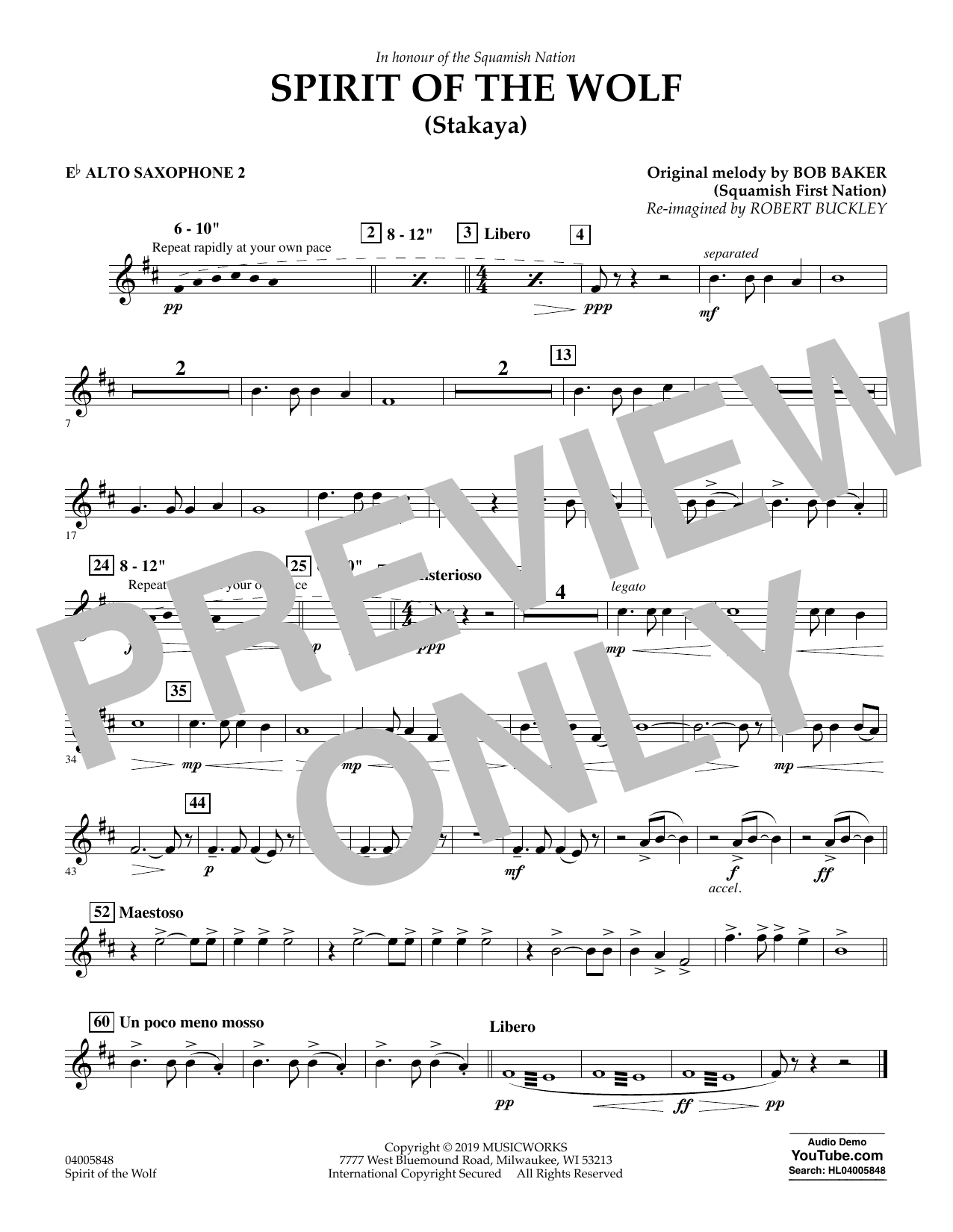 Robert Buckley Spirit of the Wolf (Stakaya) - Eb Alto Saxophone 2 sheet music notes and chords arranged for Concert Band