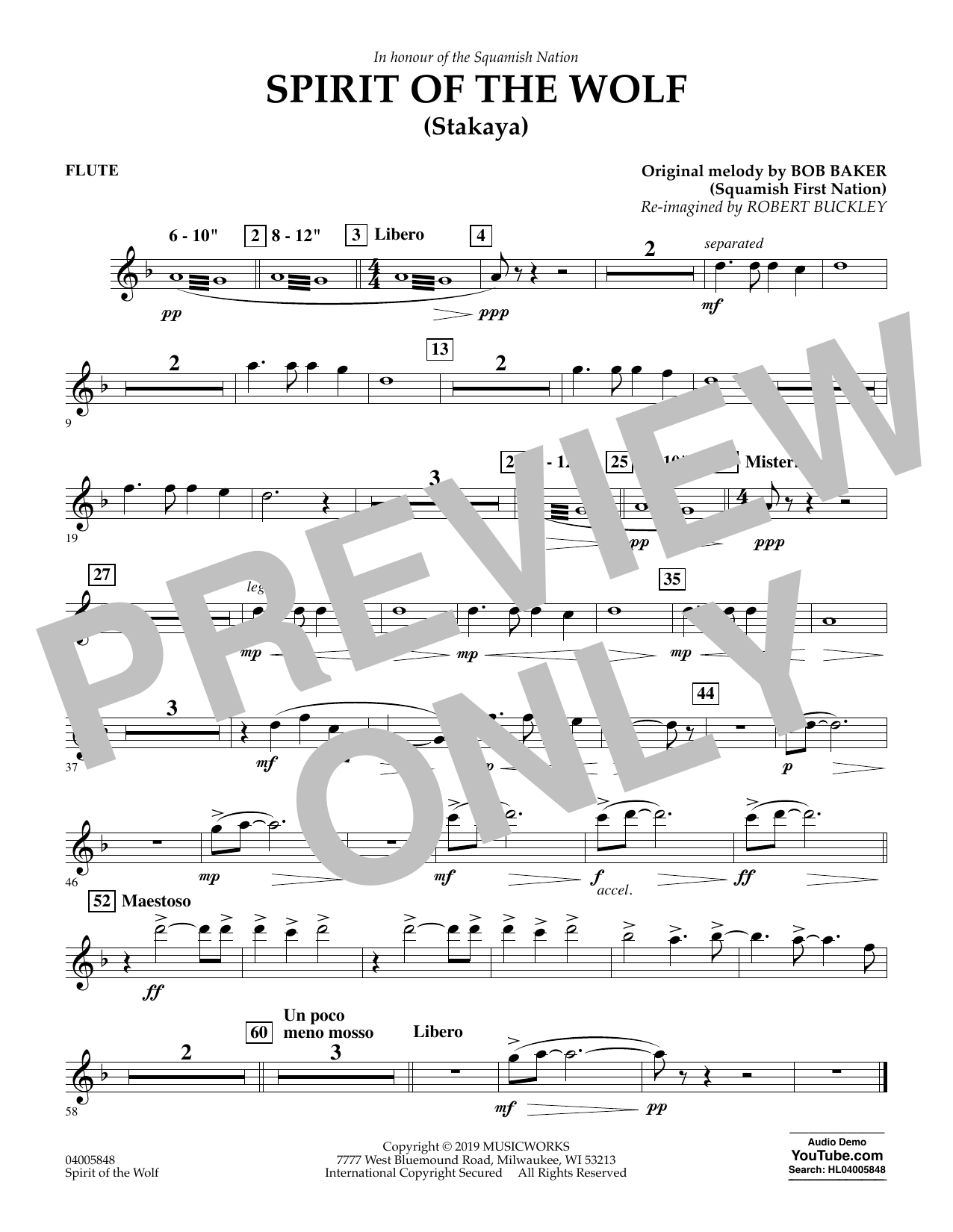 Robert Buckley Spirit of the Wolf (Stakaya) - Flute sheet music notes and chords arranged for Concert Band