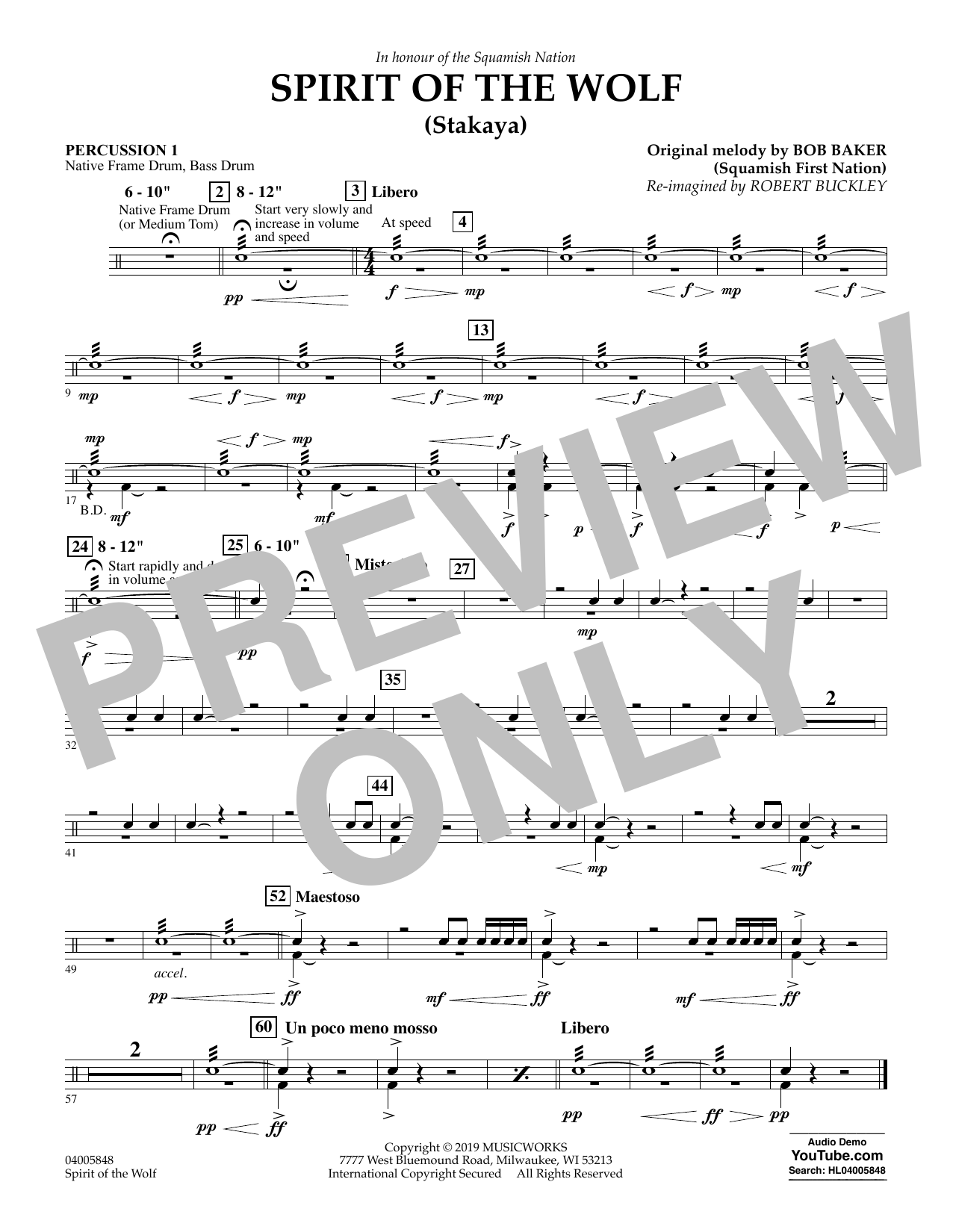 Robert Buckley Spirit of the Wolf (Stakaya) - Percussion 1 sheet music notes and chords arranged for Concert Band