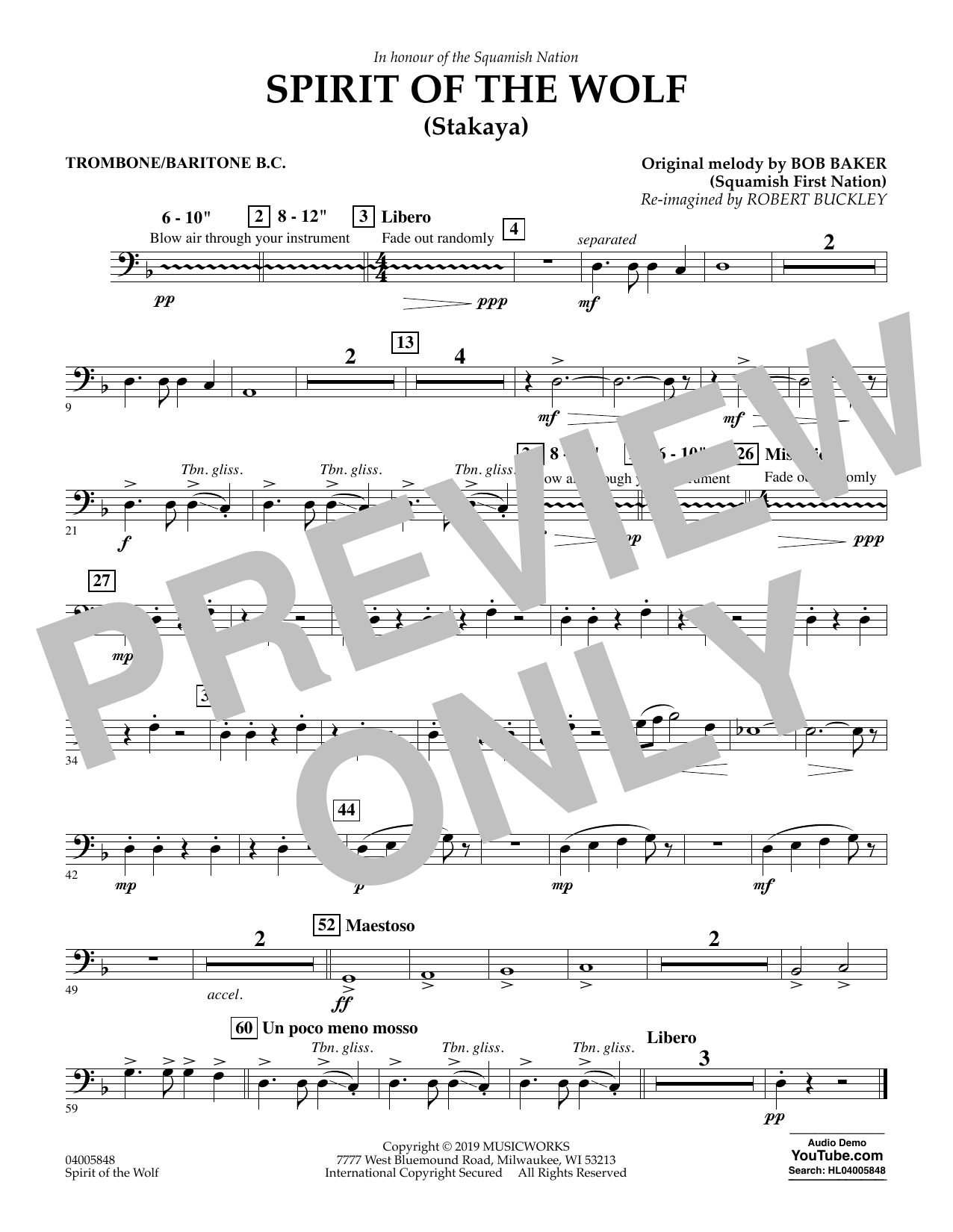 Robert Buckley Spirit of the Wolf (Stakaya) - Trombone/Baritone B.C. sheet music notes and chords arranged for Concert Band