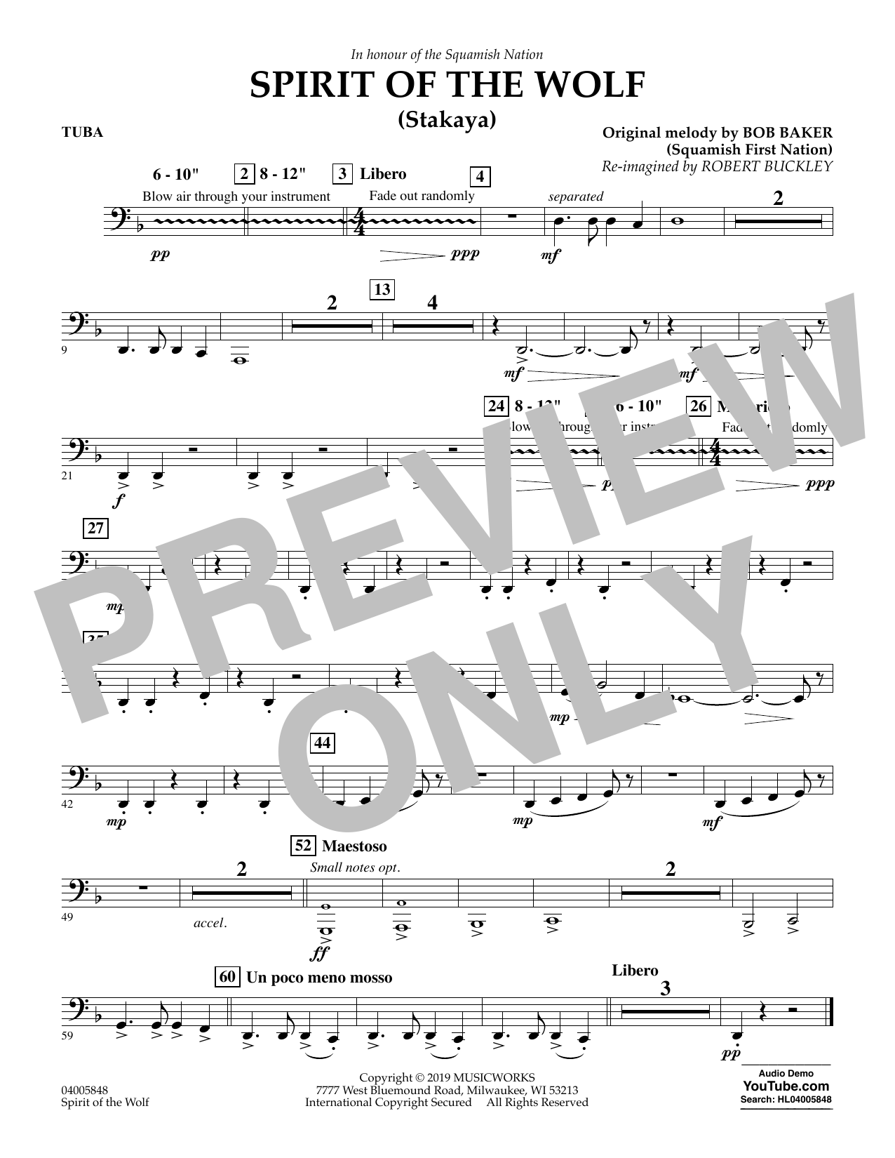Robert Buckley Spirit of the Wolf (Stakaya) - Tuba sheet music notes and chords arranged for Concert Band