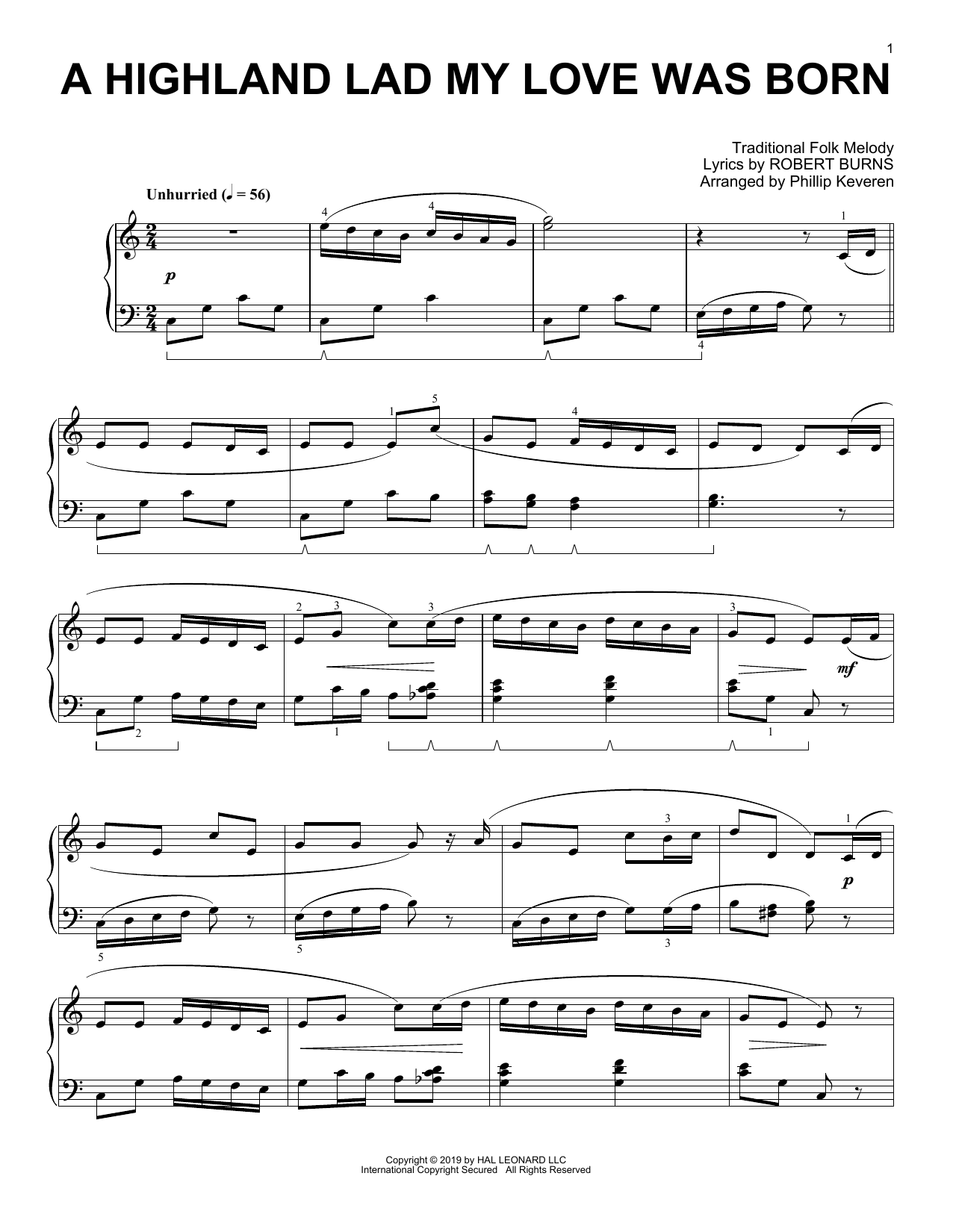 Robert Burns A Highland Lad My Love Was Born (arr. Phillip Keveren) sheet music notes and chords arranged for Piano Solo