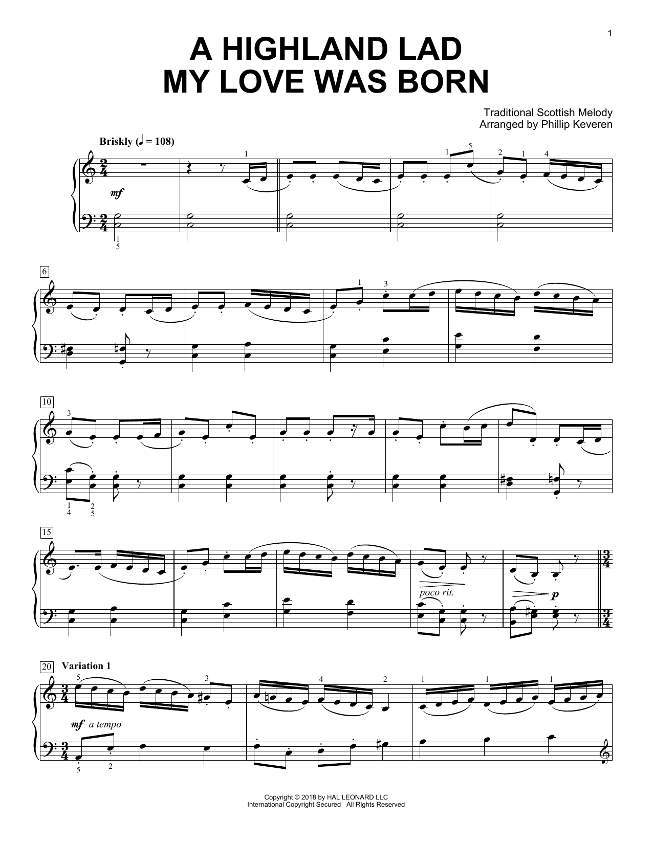 Robert Burns A Highland Lad My Love Was Born [Classical version] (arr. Phillip Keveren) sheet music notes and chords arranged for Piano Solo