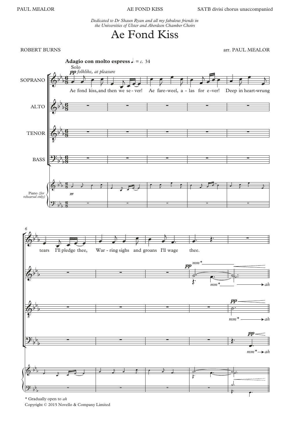 Robert Burns Ae Fond Kiss (arr. Paul Mealor) sheet music notes and chords arranged for SATB Choir