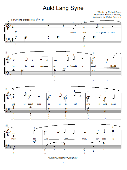Robert Burns Auld Lang Syne (arr. Phillip Keveren) sheet music notes and chords arranged for Piano Solo