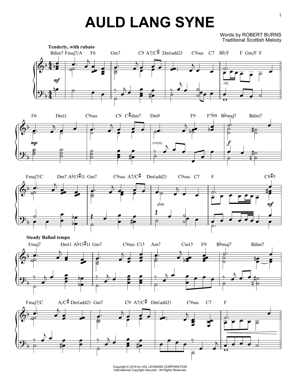 Robert Burns Auld Lang Syne [Jazz version] (arr. Brent Edstrom) sheet music notes and chords arranged for Piano Solo