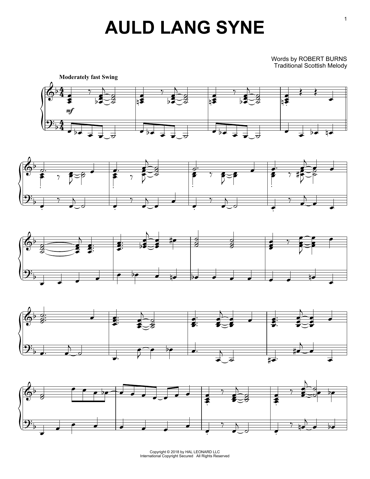 Robert Burns Auld Lang Syne [Jazz version] sheet music notes and chords arranged for Piano Solo