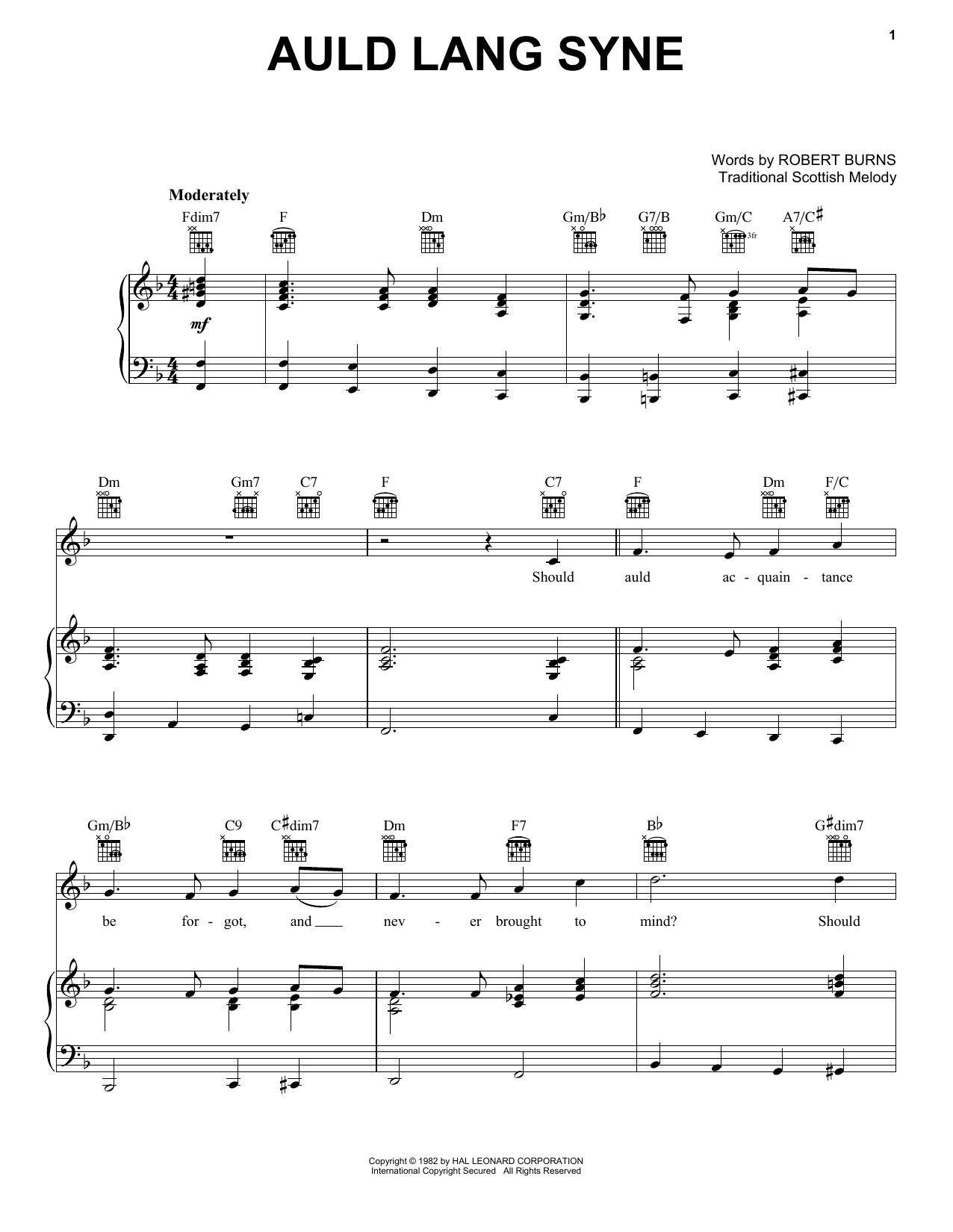 Robert Burns Auld Lang Syne sheet music notes and chords arranged for Piano, Vocal & Guitar Chords (Right-Hand Melody)