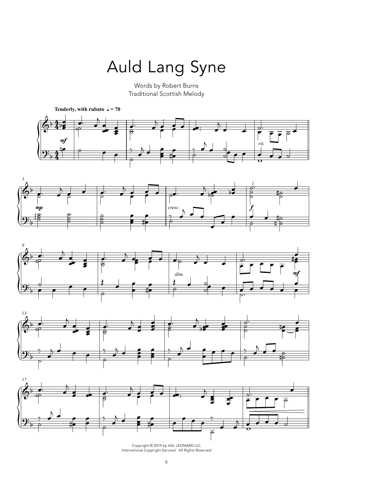 Robert Burns Auld Lang Syne [Peaceful version] sheet music notes and chords arranged for Piano Solo