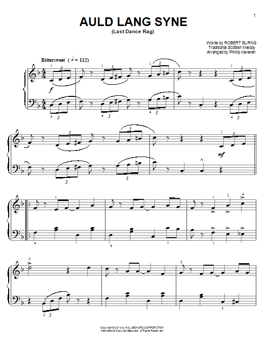 Robert Burns Auld Lang Syne [Ragtime version] (arr. Phillip Keveren) sheet music notes and chords arranged for Easy Piano