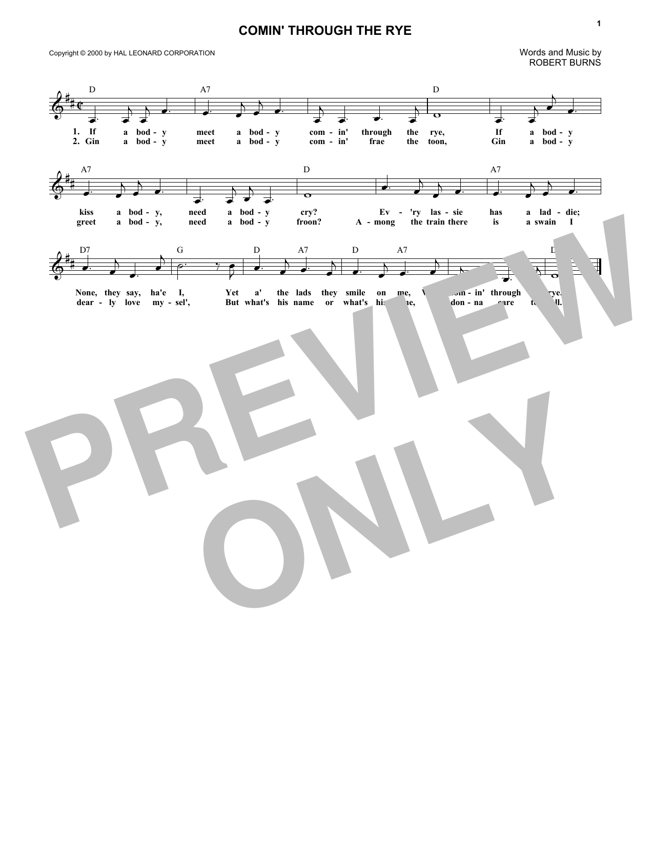 Robert Burns Comin' Through The Rye sheet music notes and chords arranged for Lead Sheet / Fake Book