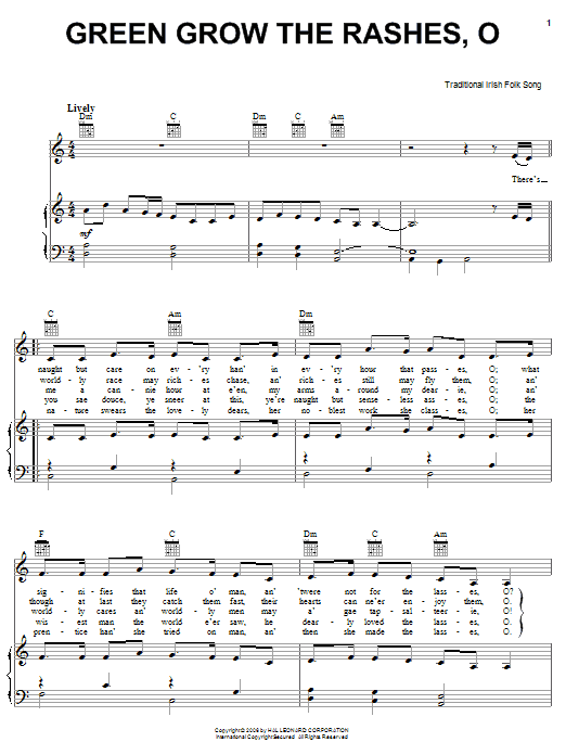Irish Folksong Green Grow The Rushes-O sheet music notes and chords arranged for Piano, Vocal & Guitar Chords (Right-Hand Melody)