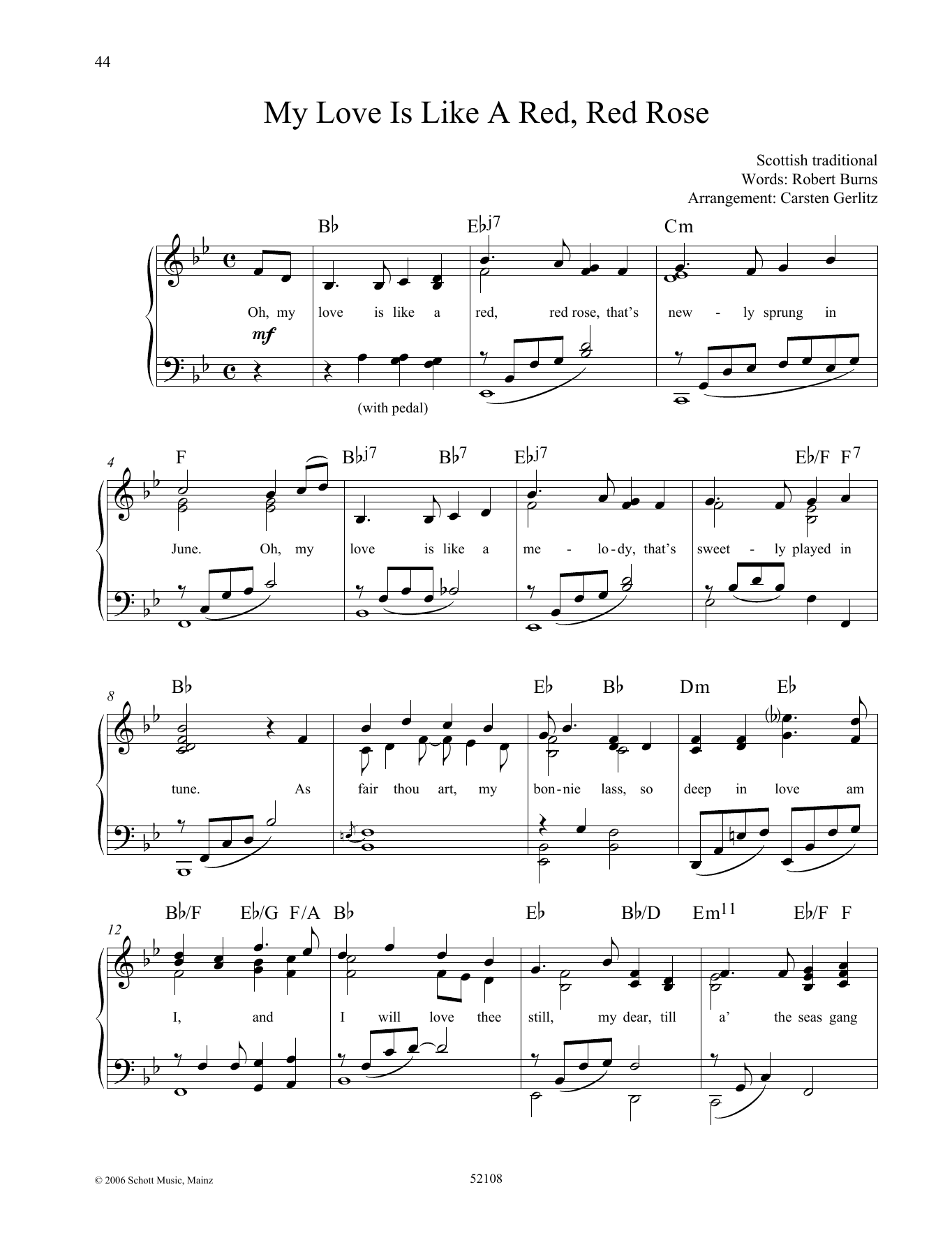 Robert Burns My Love Is like a Red, Red Rose sheet music notes and chords arranged for Piano Solo