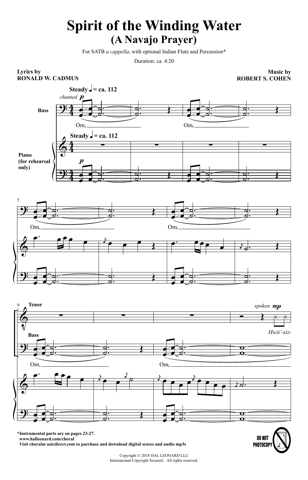 Robert Cohen & Ronald W. Cadmus Spirit Of The Winding Water (A Navajo Prayer) sheet music notes and chords arranged for SATB Choir