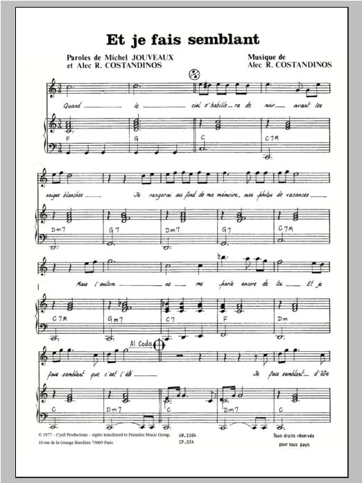 Robert Constandinos Et Je Fais Semblant sheet music notes and chords arranged for Piano & Vocal