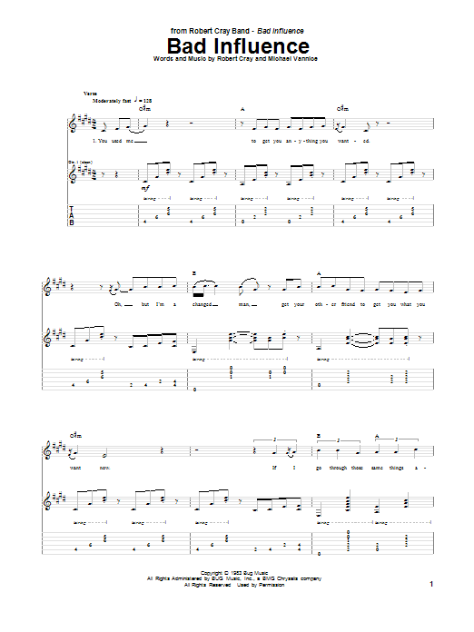Robert Cray Bad Influence sheet music notes and chords arranged for Guitar Tab