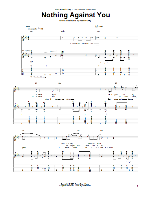 Robert Cray Nothing Against You sheet music notes and chords arranged for Guitar Tab
