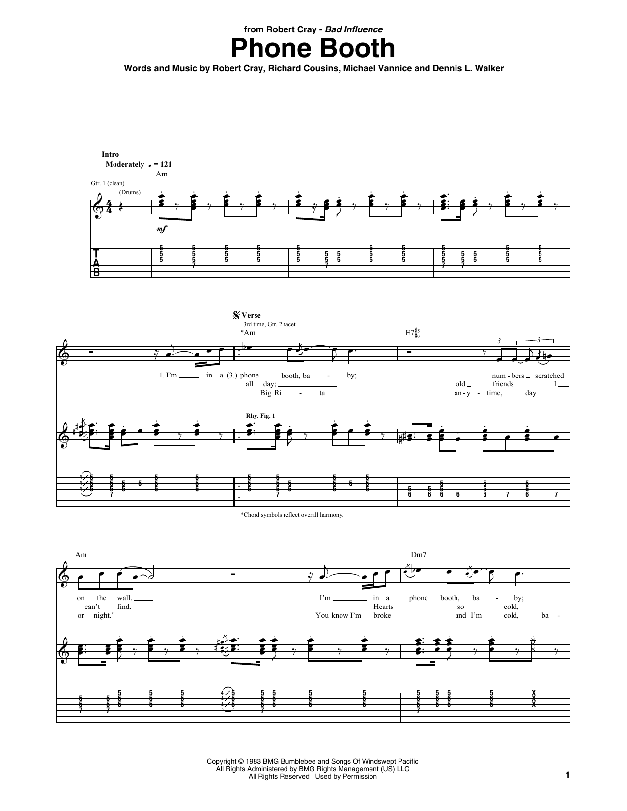 Robert Cray Phone Booth sheet music notes and chords arranged for Guitar Tab (Single Guitar)