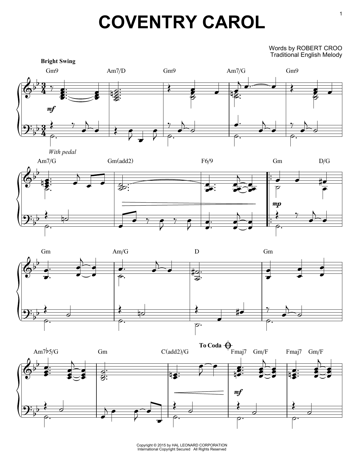 Robert Croo Coventry Carol [Jazz version] (arr. Brent Edstrom) sheet music notes and chords arranged for Piano Solo