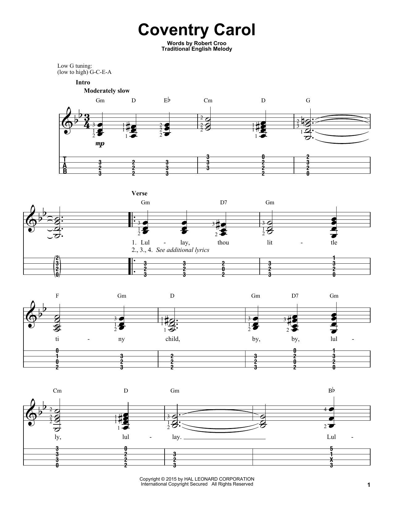 Robert Croo Coventry Carol sheet music notes and chords arranged for Easy Ukulele Tab