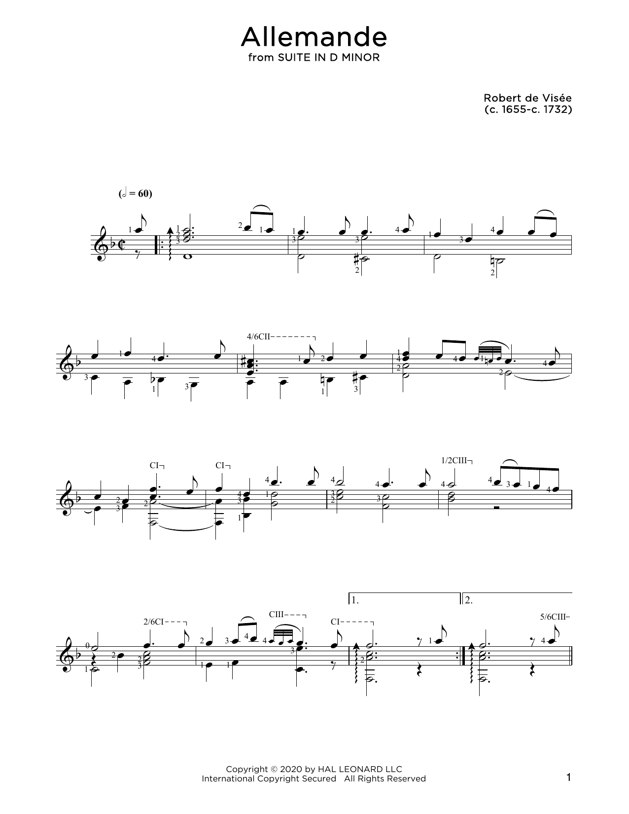 Robert de Visee Allemande sheet music notes and chords arranged for Solo Guitar