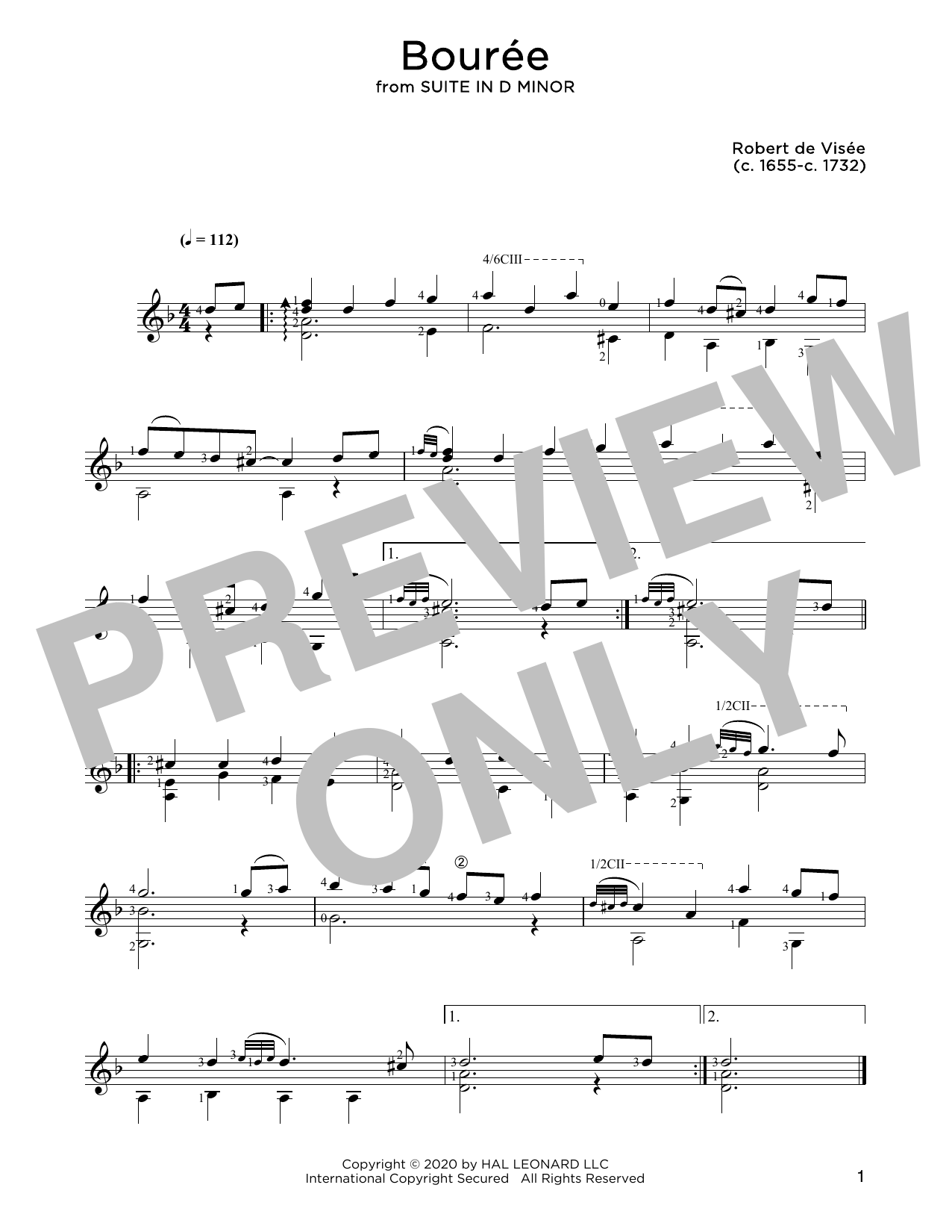 Robert de Visee Bouree sheet music notes and chords arranged for Solo Guitar