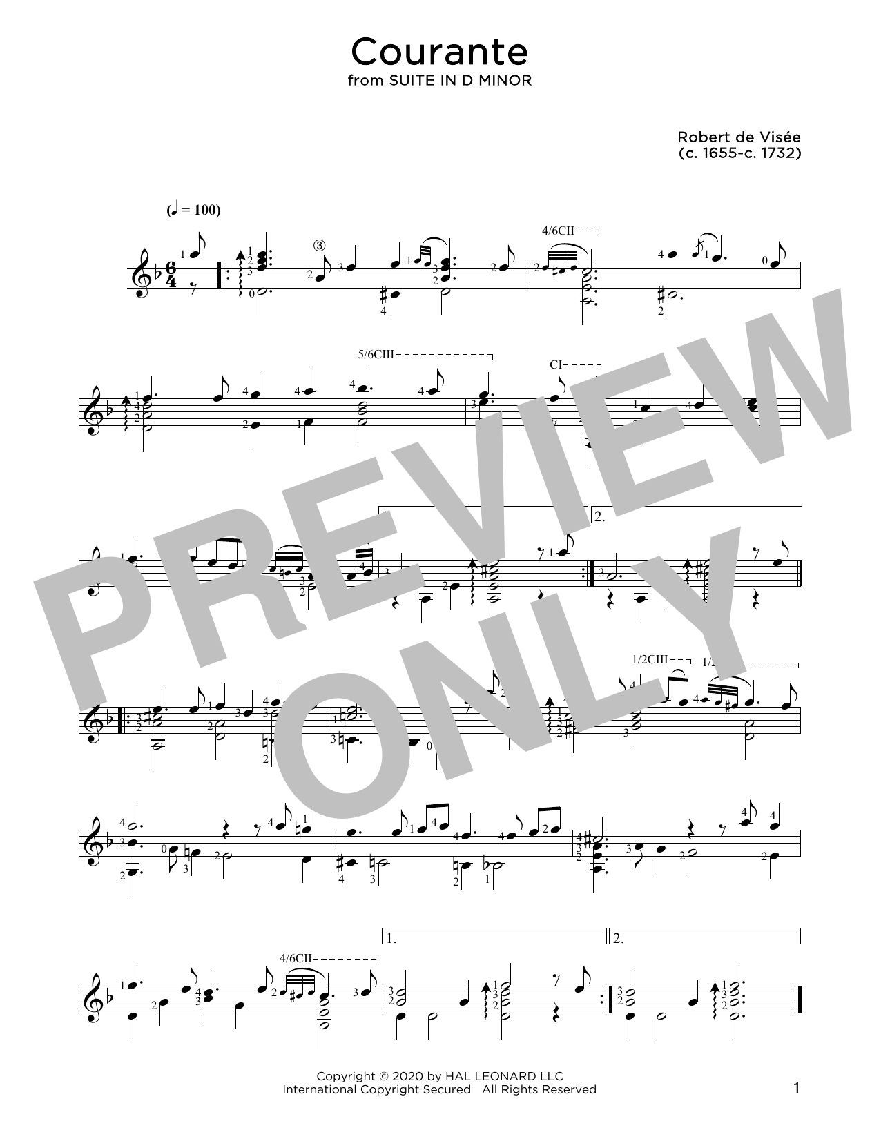Robert de Visee Courante sheet music notes and chords arranged for Solo Guitar