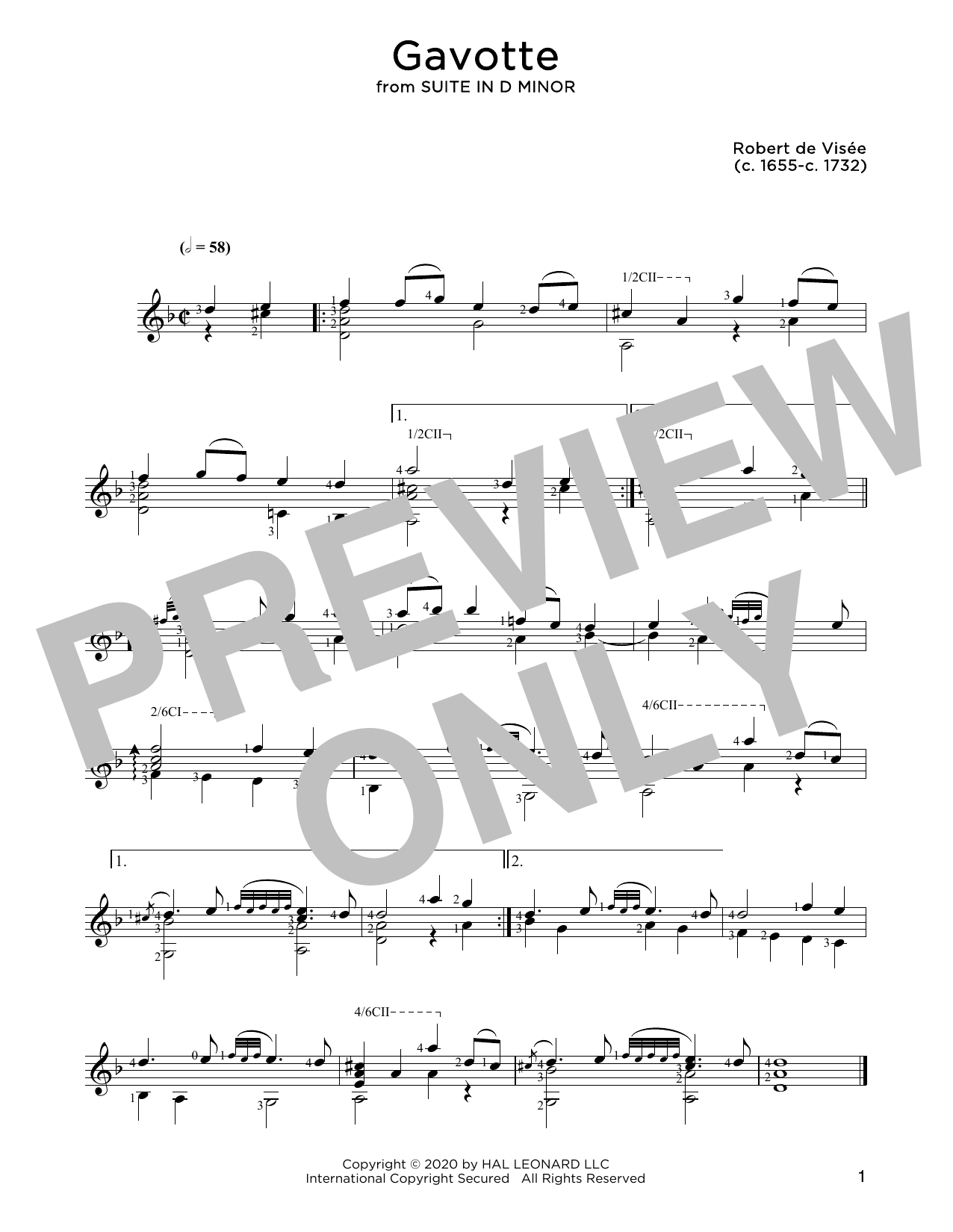 Robert de Visee Gavotte sheet music notes and chords arranged for Solo Guitar