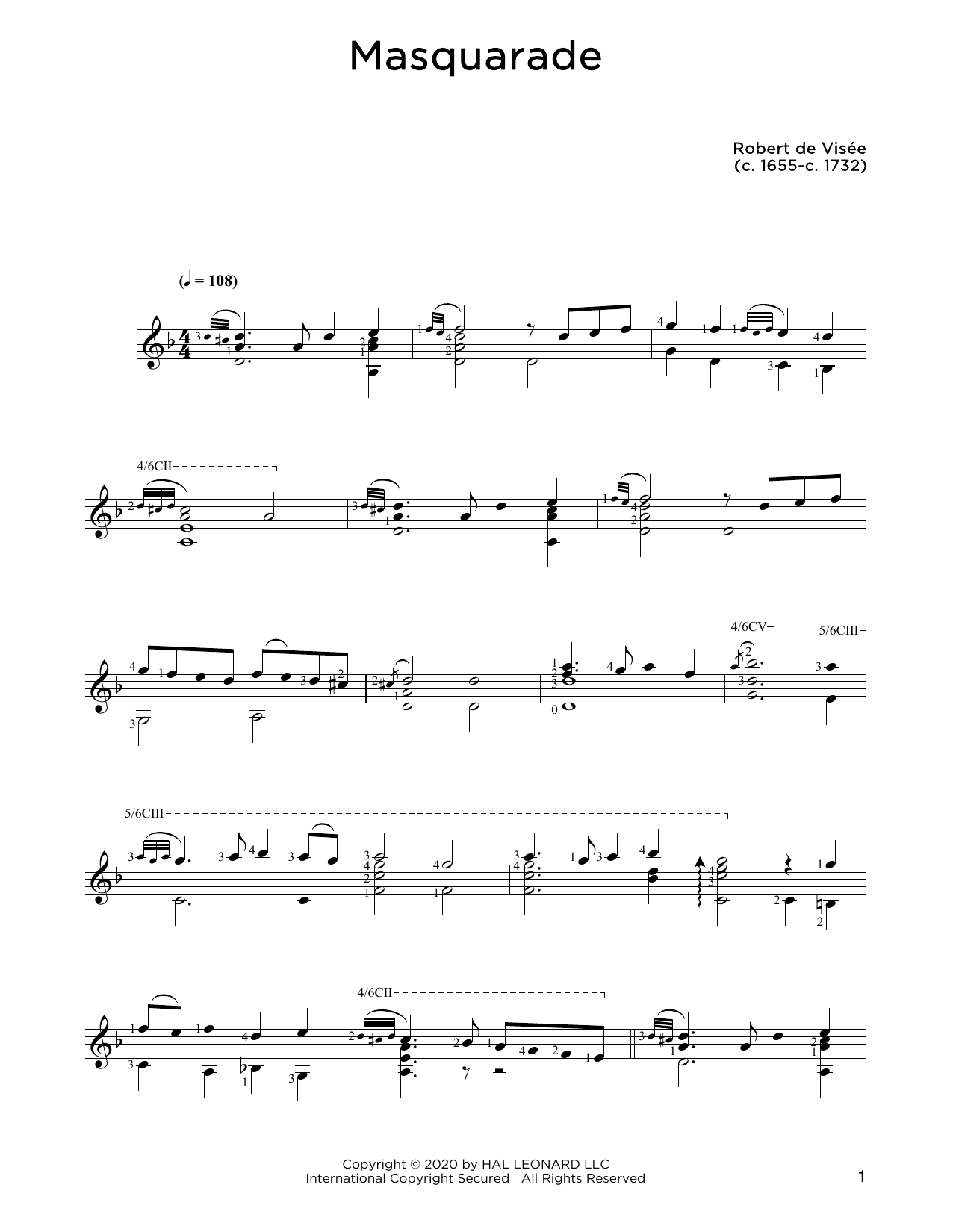 Robert de Visee Masquarade sheet music notes and chords arranged for Solo Guitar