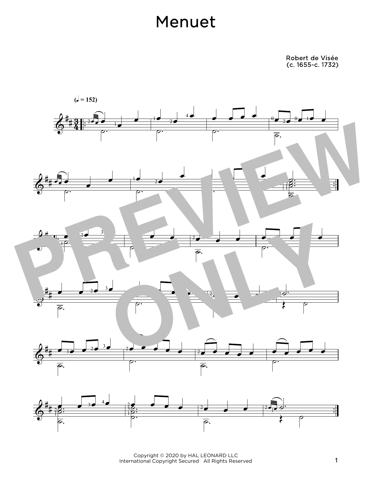 Robert de Visee Menuet sheet music notes and chords arranged for Solo Guitar