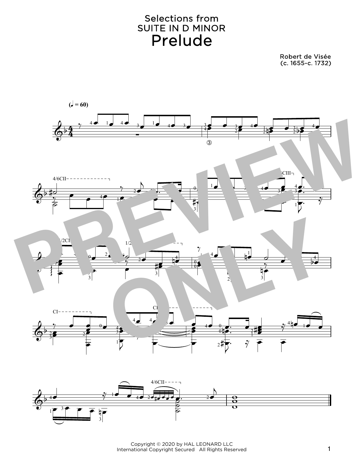 Robert de Visee Prelude sheet music notes and chords arranged for Solo Guitar
