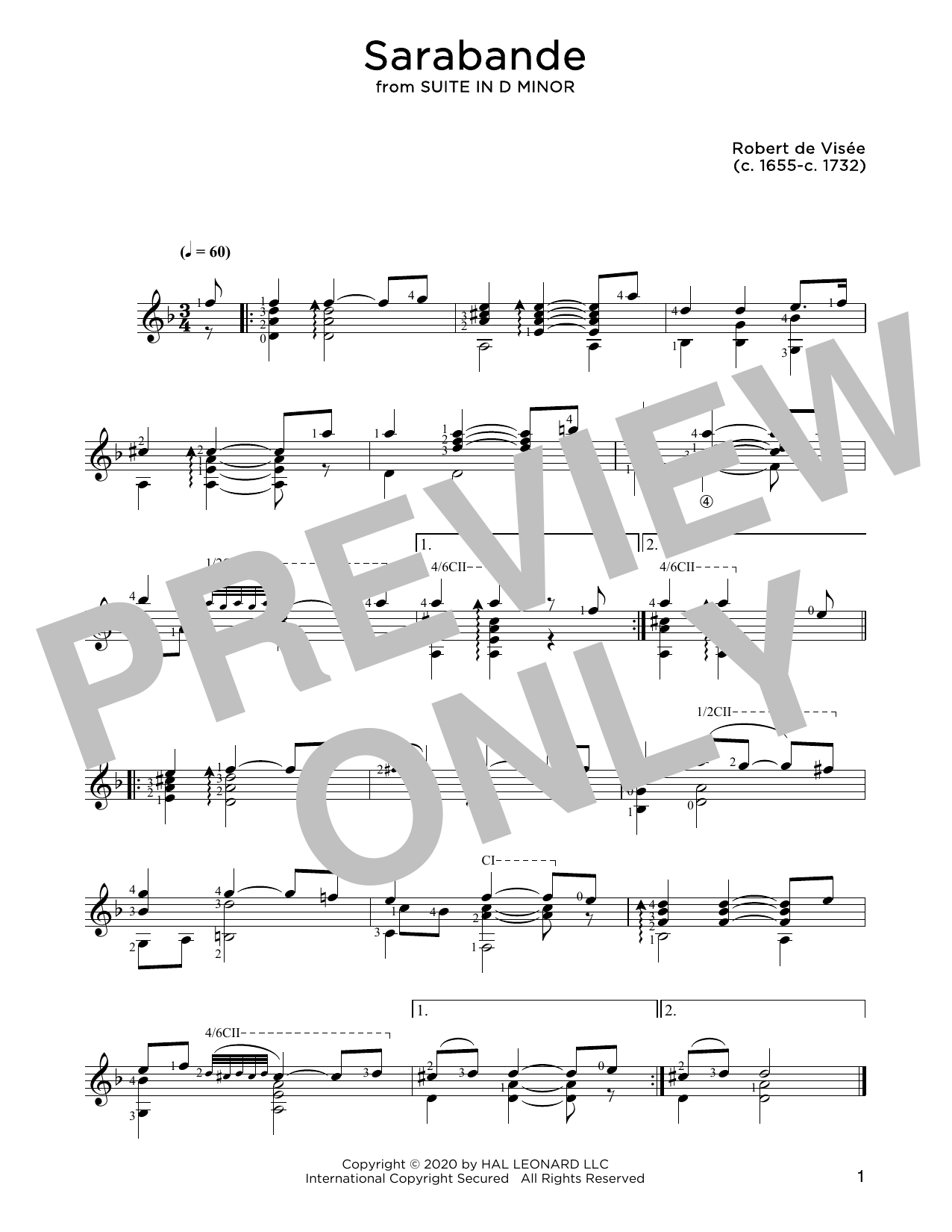 Robert de Visee Sarabande sheet music notes and chords arranged for Solo Guitar